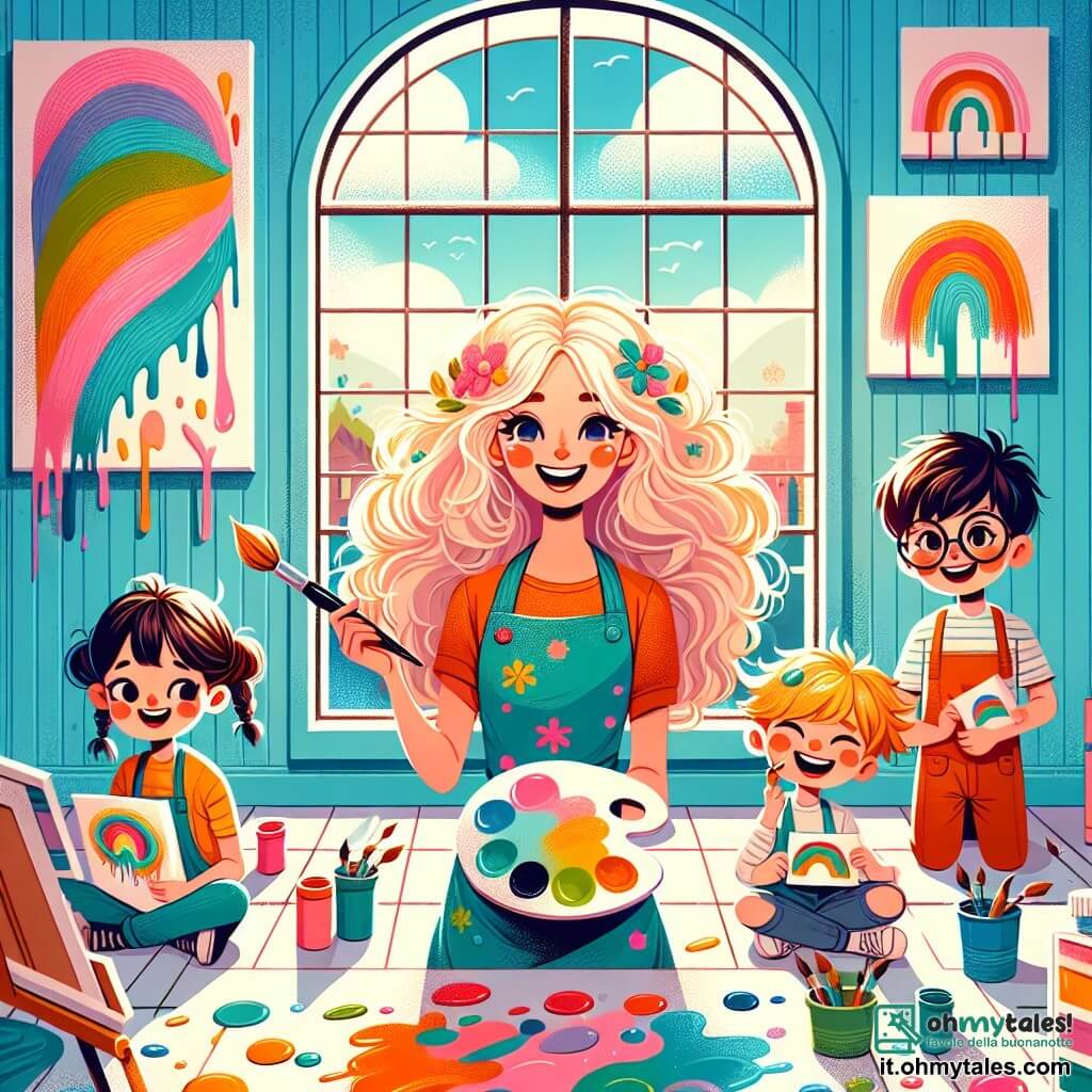 Illustrazione che rappresenta uno studio d'arte luminoso e colorato, con pareti dipinte di blu pastello e una grande finestra che lascia entrare la luce del sole. Sul pavimento, schizzi di vernice multicolori aggiungono un tocco di magia. Al centro, una donna dai lunghi capelli ricci e biondi sorride gioiosamente mentre tiene un pennello in una mano e una tavolozza di colori vivaci nell'altra. Indossa un grembiule colorato, pieno di macchie di vernice, e sembra piena di energia creativa. Intorno a lei, un gruppo di quattro bambini, due maschi e due femmine, di circa 7-9 anni, sono catturati dall'arte. Uno dei ragazzi, con i capelli castani arruffati, mescola i colori sulla sua tavolozza con uno sguardo meravigliato. Una ragazza con i capelli biondi intrecciati, concentrata, disegna un grande arcobaleno su una tela. Un altro ragazzo, con occhiali rotondi e capelli neri, osserva attentamente il lavoro della donna, mentre l'ultima ragazza, con due codini rossi, ride mostrando il suo disegno colorato. La scena principale mostra la donna che insegna ai bambini come mescolare i colori per creare opere d'arte uniche, piena di gioia e creatività. Tubetti di vernice sparsi, pennelli di diverse dimensioni e disegni colorati decorano lo spazio, illustrando l'energia e l'entusiasmo di questa giornata artistica.