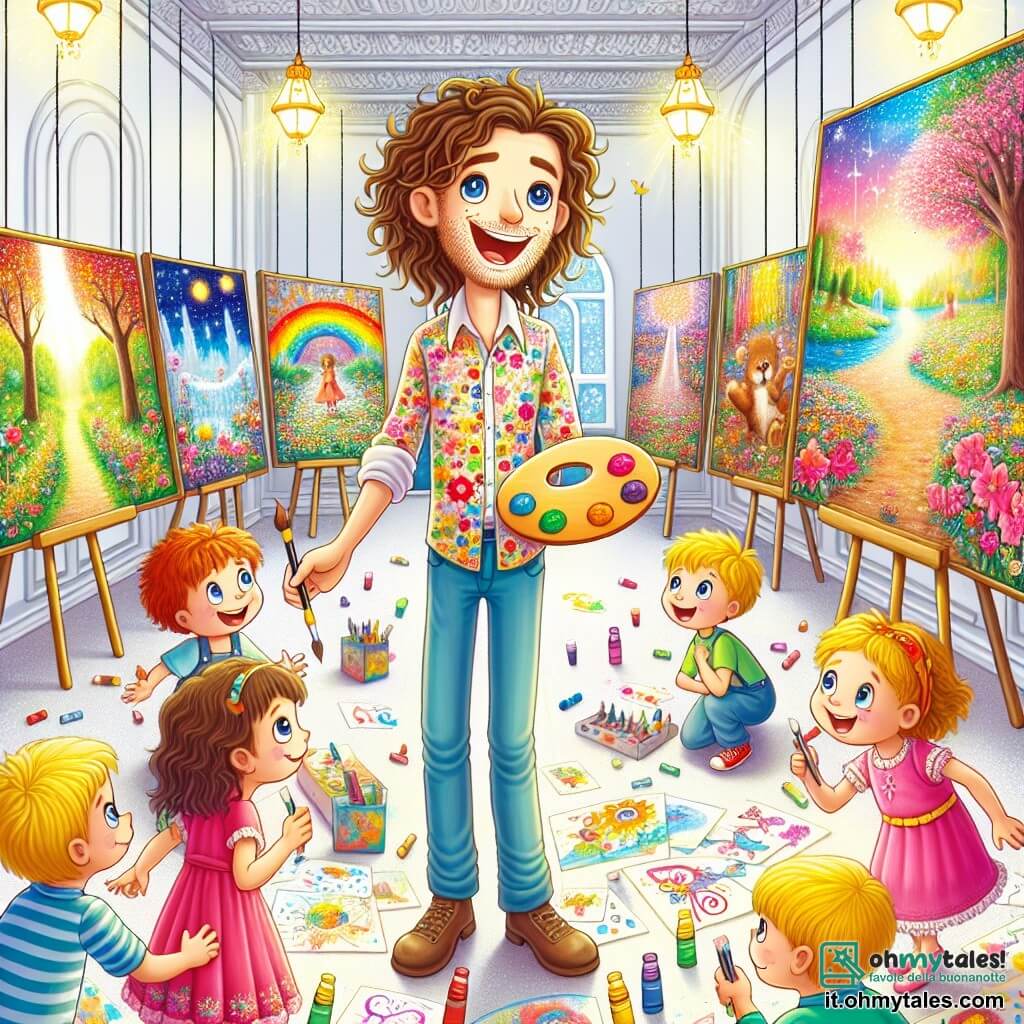 Illustrazione che rappresenta una sala espositiva luminosa, con muri dipinti di bianco splendente, adornati da quadri colorati che raffigurano paesaggi incantevoli, fiori vivaci e animali felici. Al centro, un uomo sorridente, con capelli castani disordinati e una camicia colorata, si trova davanti a un grande quadro di un giardino fiorito, tenendo una tavolozza piena di colori. Ha occhi brillanti di creatività e un ampio sorriso che illumina il suo viso. Intorno a lui, diversi bambini, di età compresa tra 7 e 10 anni, mostrano entusiasmo: una ragazza dai capelli ricci e castani, con un vestito rosa, che ammira un quadro con stelle scintillanti, e un ragazzo dai capelli corti e biondi, vestito con una maglietta blu, che disegna con i gessetti sul pavimento. La scena cattura l'eccitazione e la gioia dell'esposizione d'arte, dove i bambini scoprono e condividono il loro amore per la creatività. Palloncini colorati fluttuano nel soffitto e disegni di bambini decorano il pavimento, aggiungendo un tocco festivo all'atmosfera.