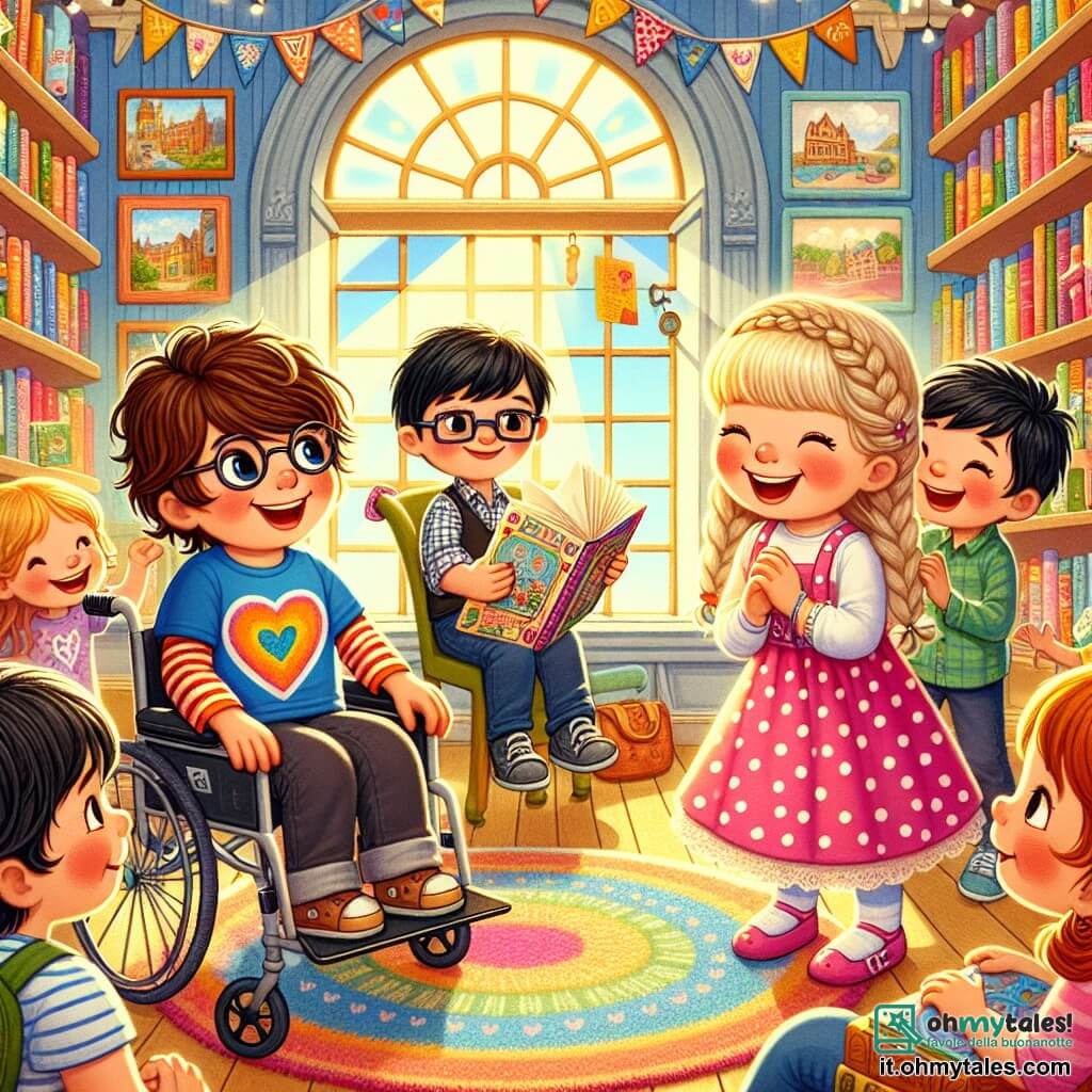 Illustrazione che rappresenta una scena vivace in una libreria incantevole. Le pareti sono coperte di libri colorati e tappeti morbidi sono disposti sul pavimento. Grandi finestre lasciano entrare la luce del sole, illuminando lo spazio con dolci raggi dorati. Al centro, un ragazzo di sette anni, sorridente e curioso, è su una sedia a rotelle. Ha i capelli castani disordinati e indossa una maglietta blu con un motivo a cuore. Accanto a lui, una ragazza della sua età, con lunghi capelli biondi intrecciati, indossa un vestito rosa a pois. Guarda con entusiasmo un grande libro aperto. Un altro ragazzo, un po' più grande, con capelli neri e occhiali, si avvicina timidamente a una ragazza dai capelli castani, che ha un sorriso radioso e occhiali da sole sulla testa. Tiene una lettera colorata in mano, mentre lei lo guarda con sorpresa e gioia. La situazione principale mostra il momento in cui il ragazzo consegna la lettera d'amore alla ragazza, circondati da amici che li incoraggiano con sorrisi e gesti entusiasti. Cuori di carta fluttuano attorno a loro, aggiungendo un tocco magico a questa scena di San Valentino.