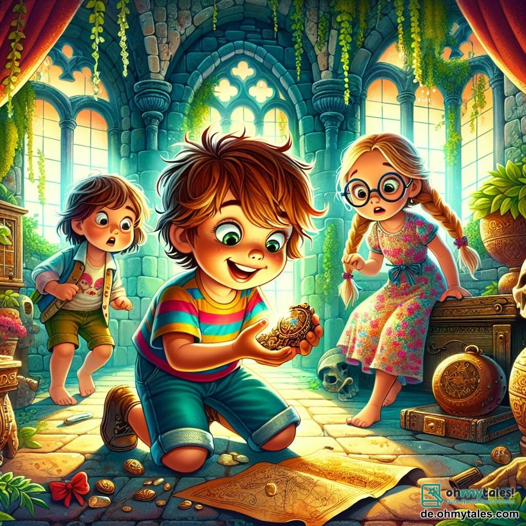Illustration einer Szene in einer alten, geheimnisvollen Villa mit steinernen Wänden, die mit Efeu überwuchert sind, und staubigen Fenstern, die die Kinder zu beobachten scheinen. Drinnen filtert das Licht durch die abgenutzten Vorhänge und schafft eine magische, faszinierende Atmosphäre. Im Mittelpunkt des Bildes steht ein 5-jähriger Junge mit zerzausten braunen Haaren und neugierigen, funkelnden Augen, der einen glänzenden Gegenstand in seinen kleinen Händen hält. Er trägt ein bunt gestreiftes T-Shirt und eine Jeansshorts und zeigt ein breites, aufgeregtes Lächeln, während er einen versteckten Schatz entdeckt. Neben ihm steht ein 6-jähriges Mädchen mit langen, geflochtenen blonden Haaren und runden Brillen, das den Jungen aufmerksam beobachtet. Sie trägt ein Blumenkleid und hält eine alte Karte in den Händen, bereit, ihm bei der Lösung des Rätsels zu helfen. Ein weiterer 5-jähriger Junge mit braunen Haaren und einem etwas besorgten Gesichtsausdruck schaut sich um, etwas im Hintergrund, aber neugierig auf das Abenteuer, das sich entfaltet. Die Hauptsituation zeigt den Moment, in dem die Kinder einen geheimnisvollen Gegenstand auf einem alten Möbelstück entdecken, umgeben von Staub und Spinnweben, was den Beginn ihrer Untersuchung symbolisiert. Im Hintergrund verleihen suggestive Schatten und alte Dekorationselemente wie eine stehengebliebene Uhr und staubige Bücher der Illustration einen Hauch von Abenteuer und Geheimnis.