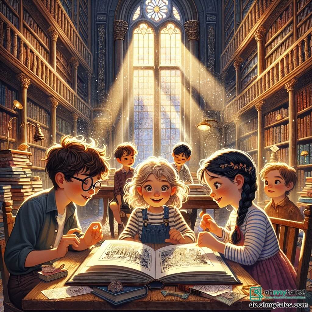 Illustration einer magischen Szene in einer alten Bibliothek, mit großen Regalen voller bunter Bücher, Sonnenstrahlen, die durch große Fenster fallen und den Staub in der Luft beleuchten. In der Mitte versammeln sich drei Kinder um ein großes, auf einem Holztisch geöffnetes Buch. Das erste Kind ist ein etwa 8-jähriger Junge mit zerzausten braunen Haaren und runden Brillen. Er sitzt in einem kleinen Sessel, seine Augen glänzen vor Aufregung, während er auf eine Illustration im Buch zeigt. Neben ihm steht ein 7-jähriges Mädchen mit geflochtenen blonden Haaren und einem strahlenden Lächeln, das eine kleine Karte in den Händen hält und aufmerksam ihren Freund ansieht. Schließlich ist da ein weiterer Junge, 9 Jahre alt, mit schwarzen Haaren und einem gestreiften T-Shirt, der steht, sich nach vorne lehnt und neugierig aussieht, bereit, das Geheimnis zu lösen. Die Hauptsituation zeigt die Kinder, die ein altes Buch voller Geheimnisse und Schätze entdecken, umgeben von einer Atmosphäre von Abenteuer und Kameradschaft. Im Hintergrund verleihen massive Holzregale, Bücher mit goldenen Einbänden und eine kleine Holzleiter der magischen Atmosphäre der Bibliothek zusätzlichen Charme. Bunte Papiervögel hängen von der Decke und schaffen einen Hauch von Fantasie.