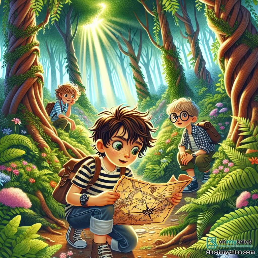 Illustration einer magischen Szene in einem dichten, bezaubernden Wald, wo große Bäume mit knorrigen Stämmen in den Himmel ragen und ihre Blätter ein grünes Dach bilden. Sonnenstrahlen durchdringen das Laub und erhellen einen kleinen Weg, gesäumt von bunten Blumen und Farnen. Im Mittelpunkt des Bildes hockt ein 9-jähriger Junge mit zerzausten braunen Haaren und neugierigen Augen auf dem Boden. Er trägt ein gestreiftes T-Shirt und eine Jeansshorts, mit einem kleinen Rucksack über der Schulter. In seinen Händen hält er eine alte Schatzkarte, sein Gesichtsausdruck ist konzentriert und erstaunt, während er die Details aufmerksam betrachtet. Neben ihm schaut ein etwas älterer Junge (ca. 10 Jahre) mit blonden Haaren und runden Brillen über seine Schulter. Er trägt ein kariertes Hemd und Cargo-Hosen, und sein Gesichtsausdruck zeigt die Begeisterung eines abenteuerlustigen Entdeckers, bereit, das Geheimnis der Karte zu lüften. Die Hauptsituation zeigt die beiden Freunde, die in die Erkundung vertieft sind, umgeben von Geheimnissen und Aufregung, während sie vor einer alten Holzlaube stehen, die mit Moos und Efeu bedeckt ist und anscheinend vergessene Schätze birgt. Bunte Vögel fliegen über ihnen, und ein Lichtstrahl beleuchtet die Laube und verleiht der gesamten Szene einen Hauch von Magie.