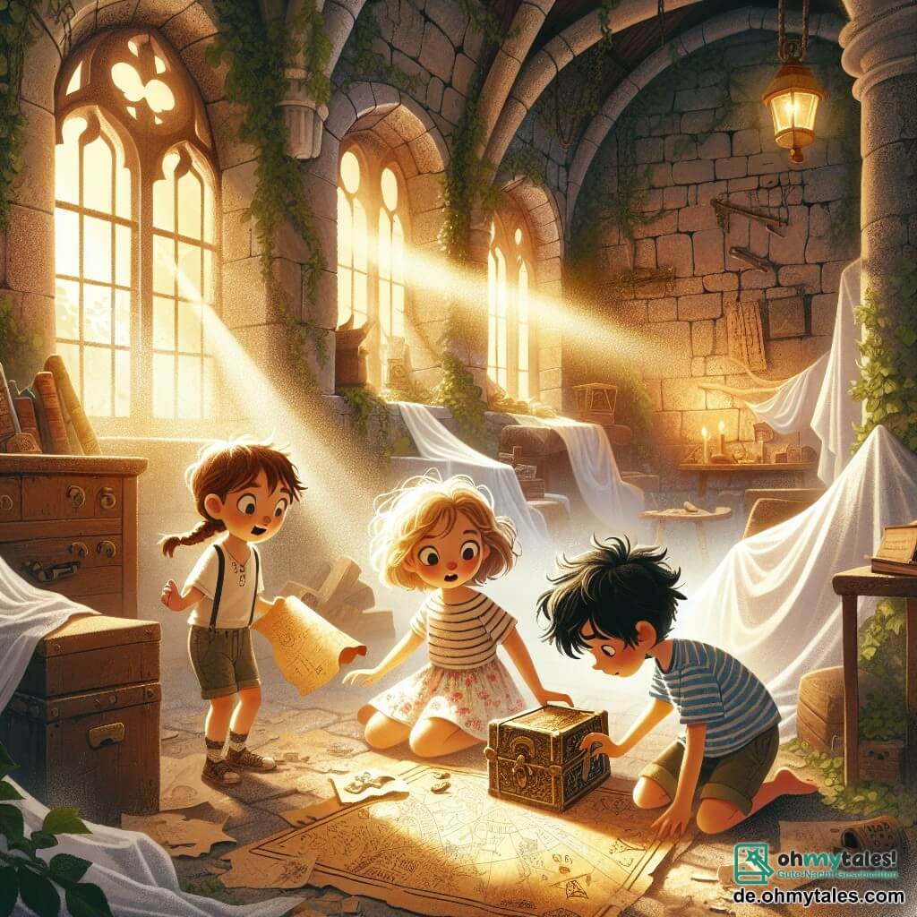Illustration einer Szene in einem alten, mysteriösen Herrenhaus mit steinernen Wänden, die mit Efeu bewachsen sind, und staubigen Fenstern, durch die sanftes, goldenes Licht strömt. Im Zentrum drei erkundende Kinder: ein 10-jähriges Mädchen mit braunen geflochtenen Haaren, das ein gestreiftes T-Shirt und Shorts trägt und eine alte Karte mit leuchtenden Augen der Aufregung hält. Neben ihr ein 9-jähriges Mädchen mit lockigem, blondem Haar, das ein Blumenkleid trägt und neugierig eine kleine Holzkiste mit seltsamen Symbolen betrachtet. Schließlich ein 10-jähriger Junge mit zerzausten schwarzen Haaren und einem blauen T-Shirt, der sich hinkniet, um den Boden zu untersuchen, mit einem konzentrierten Ausdruck im Gesicht. Die Szene fängt den Moment ein, in dem die Kinder einen verborgenen Schatz im Herrenhaus entdecken, umgeben von alten Möbeln, die mit weißen Tüchern und Spinnweben bedeckt sind, und einer Atmosphäre von Abenteuer und Geheimnis. Lichtstrahlen durchdringen die Fenster und beleuchten den Staub in der Luft, während eine Schatzkarte auf einem abgenutzten Holztisch ausgebreitet ist, was der Illustration eine zusätzliche Prise Intrige verleiht.