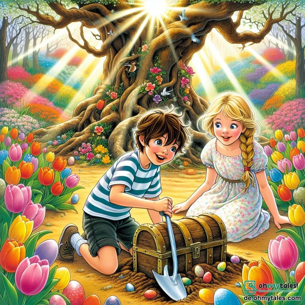 Illustration eines bunten Frühlingsgartens, gefüllt mit leuchtenden Tulpen, strahlenden Blumen und einem großen, knorrigen Baum in der Mitte. Zwei Kinder, ein zwölfjähriger Junge mit zerzausten braunen Haaren und einem schelmischen Lächeln, der ein gestreiftes T-Shirt und Shorts trägt, hockt und gräbt mit einer kleinen Schaufel in der Erde. Neben ihm steht ein zwölfjähriges Mädchen mit langen, geflochtenen blonden Haaren, gekleidet in einem leichten Blumenkleid, und beobachtet mit leuchtenden Augen voller Aufregung. Sie entdecken eine alte Holztruhe, die teilweise im Boden vergraben ist, umgeben von Sonnenstrahlen, die durch die Äste des Baumes fallen. Bunte Ostereier sind um sie herum verstreut und verleihen der Szene eine festliche Note. Die Atmosphäre ist fröhlich und voller Geheimnisse und fängt den Geist des Osterabenteuers ein.