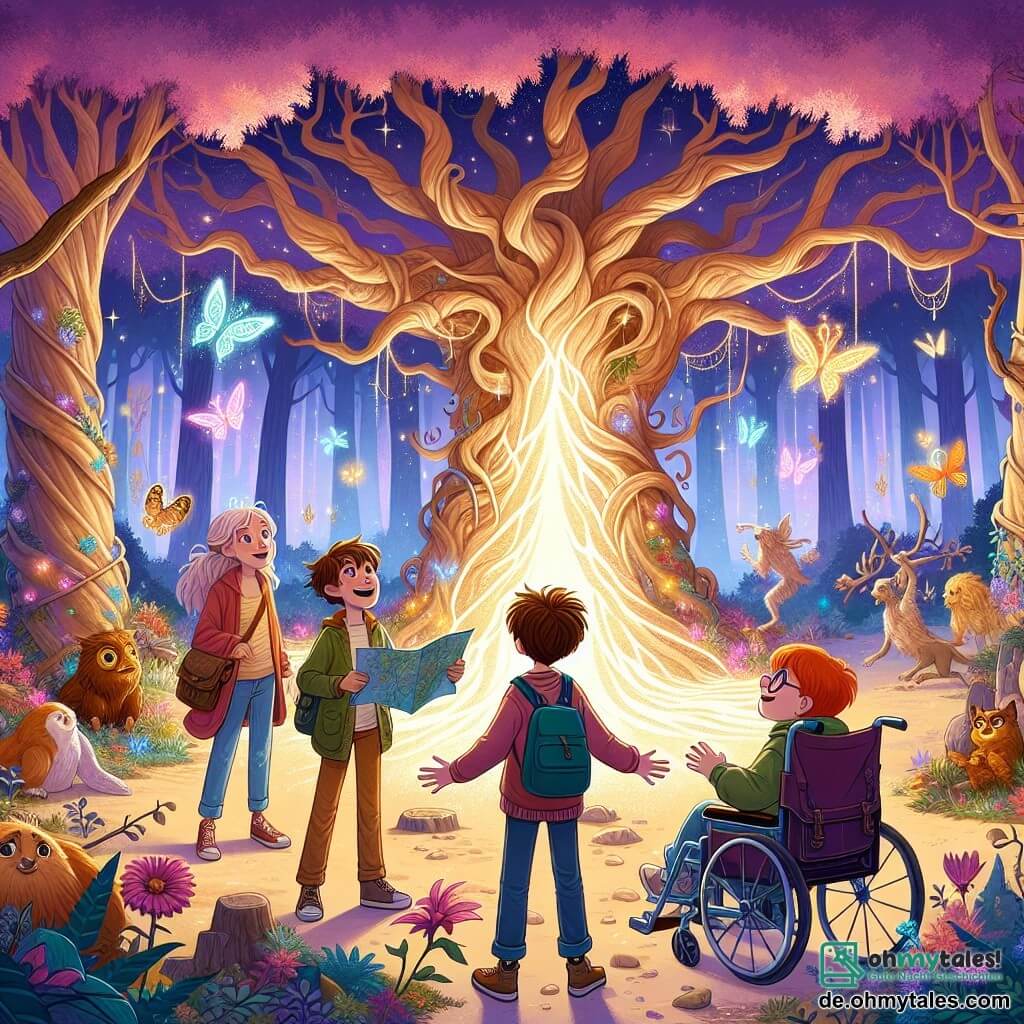 Eine Illustration zeigt eine verzauberte Lichtung im Herzen eines magischen Waldes, wo große Bäume mit knorrigen Stämmen in einen Himmel in Lilatönen und Gold emporragen. Im Zentrum steht ein riesiger alter Baum, dessen Äste mit leuchtenden Blumen beladen sind und sanftes Licht ausstrahlen. Ein etwa 10-jähriger Junge mit zerzausten braunen Haaren und einem schelmischen Lächeln hält eine Karte in den Händen, seine Augen strahlen vor Aufregung. An seiner Seite steht ein 9-jähriges Mädchen mit leuchtend roten Haaren, das entschlossen aussieht und bereit ist, das Abenteuer zu führen. Ein weiterer Junge, etwa 11 Jahre alt, mit runden Brillen und einem verträumten Ausdruck, schaut neugierig umher, während ein 10-jähriges Mädchen im Rollstuhl die Szene aufmerksam mit einem ermutigenden Lächeln beobachtet. Die Hauptsituation zeigt die vier Freunde, die ein leuchtendes Portal entdecken, das vom Baum ausgeht und ihren Eintritt in eine magische Welt symbolisiert. Fantastische Kreaturen, wie bunte Vögel und glitzernde Schmetterlinge, fliegen um sie herum und verleihen der Atmosphäre einen Hauch von Magie. Der Boden ist mit leuchtenden Blumen und glänzenden Steinen bedeckt, während ein leichter goldener Nebel in der Luft schwebt und eine märchenhafte Stimmung schafft.