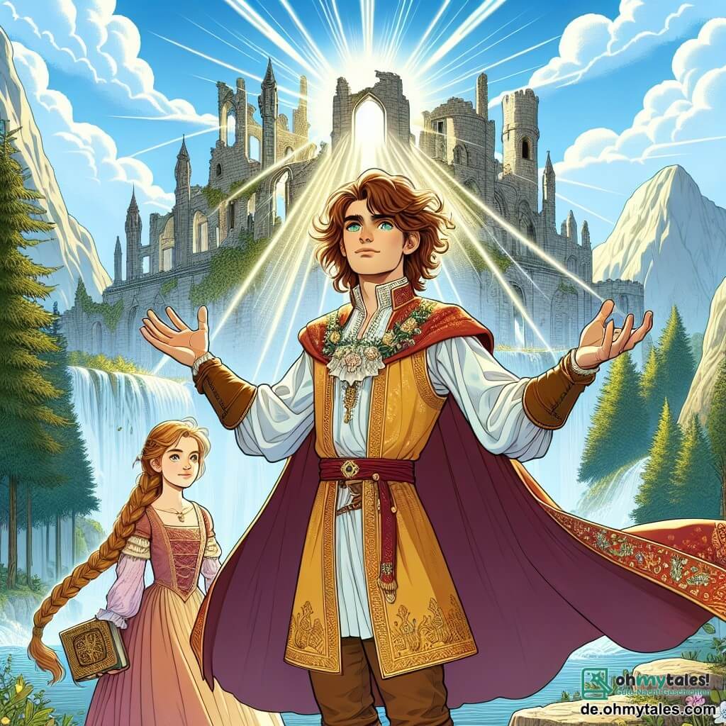 Die Illustration zeigt einen majestätischen Ruinenpalast, umgeben von imposanten Bergen und üppigen Wäldern. Der Himmel ist strahlend blau, durchzogen von weißen, wolkenartigen Wolken, während Sonnenstrahlen die Landschaft erleuchten. Im Zentrum der Szene steht ein mutiger Prinz von etwa 16 Jahren mit welligem, kastanienbraunem Haar und leuchtend grünen Augen auf einem Stein, mit entschlossenem Blick. Er trägt eine goldene Tunika mit floralen Mustern und einen roten Umhang, der hinter ihm weht und seinen königlichen Status symbolisiert. An seiner Seite steht ein etwa 14-jähriges Mädchen mit langen, geflochtenen blonden Haaren und funkelnden Augen, das bewundernd zuschaut. Sie trägt ein einfaches, aber elegantes Kleid in Pastellfarben und hält ein altes Buch in ihren Händen. Die Hauptsituation zeigt den Prinzen, der die Arme gen Himmel hebt, um einen mächtigen Lichtzauber zu beschwören, der die Schatten vertreibt, die sein Königreich bedrohen. Lichtstrahlen funkeln um ihn herum, erleuchten den Ruinenpalast und schaffen eine magische Atmosphäre. Bunte Blumen wachsen um sie herum und verleihen diesem entscheidenden Moment Leben.