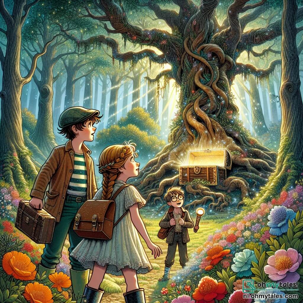 Illustratie die een magische scène in een betoverd bos weergeeft, waar grote bomen met knoestige stammen naar de lucht rijzen, hun bladeren schitterend in duizend kleuren onder een zachte zon. In het midden een open plek badend in licht, met kleurrijke bloemen en een majestueuze oude eik, waarvan de wortels als slangen in elkaar verstrengeld zijn. Drie jonge avonturiers staan daar: een jongen van twaalf jaar met rommelig bruin haar en nieuwsgierige ogen, die een oude pet en een gestreept T-shirt draagt. Naast hem een meisje van twaalf jaar met gevlochten blond haar en een vastberaden glimlach, gekleed in een lichte jurk en rubberen laarzen. Tot slot een andere jongen van elf jaar met ronde bril en kastanjebruin haar, gekleed in een vest vol gadgets en met een zaklamp in de hand. Ze kijken verwonderd naar een oude kist versierd met mysterieuze symbolen, die net is opengegaan en een oude kaart en een glanzende steen onthult. De sfeer is gevuld met opwinding en mysterie, met flonkerende magische lichtjes die om hen heen zweven, terwijl fantastische wezens zoals feeën en nieuwsgierige dieren van een afstand toekijken, wat een vleugje betovering aan de scène toevoegt.