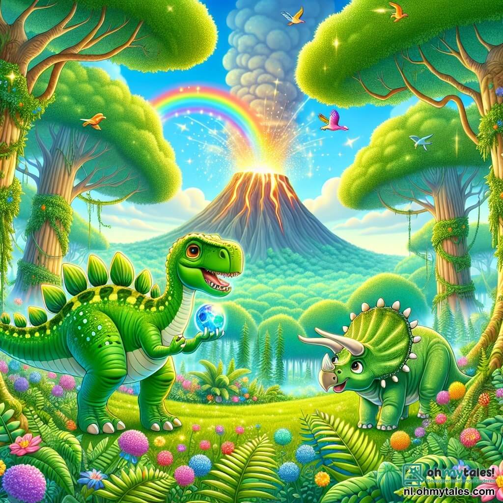Illustratie van een magische scène in een groot, groen prehistorisch bos, waar majestueuze bomen met dikke stammen naar de lucht reiken, omringd door kleurrijke bloemen en weelderige varens. In het midden van de afbeelding staat een stegosaurus met grote groene schubben en een staart versierd met punten, nieuwsgierig met een ronde, blauwe steen in zijn mond die een zachte gloed uitstraalt. Naast hem kijkt een kleine triceratops, met een beige huid en delicate hoorns, met grote ogen naar de steen en toont een verwonderde glimlach. De scène is gevuld met vreugde en verwondering, terwijl een glinsterende regenboog zich vormt boven een vulkaan die lichtjes rookt op de achtergrond, wat een vleugje magie toevoegt aan dit prehistorische avontuur. Kleurrijke vogels vliegen in de blauwe lucht, zingend vrolijke melodieën, terwijl zonnestralen door het loof breken en de scène in een gouden licht verlichten.