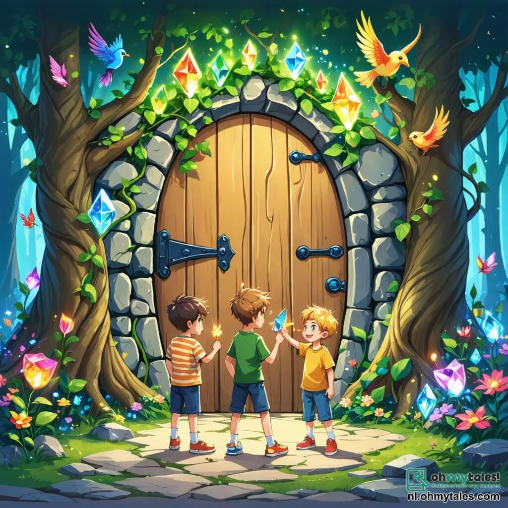 Illustratie van een uitgestrekt en kleurrijk magisch koninkrijk, met bomen met gedraaide stammen en glinsterende bladeren als edelstenen. In het midden staat een grote houten poort versierd met motieven van draken en dansende bloemen, omringd door fantastische wezens zoals vogels met kleurrijke veren en bloemen die lijken te glimlachen. Drie jongens van ongeveer twaalf jaar staan voor de poort. De eerste, met rommelig bruin haar en ronde bril, draagt een gestreept t-shirt en een korte broek. Hij ziet er vastberaden uit, met een klein toverboek in zijn hand. De tweede, met blond krullend haar, is gekleed in een groene tuniek en glimlacht breed, met een glinsterende houten staf. De derde, met zwart haar en sprankelende ogen, draagt een blauwe cape en lijkt klaar om een spreuk uit te spreken, met opgetrokken armen. De hoofdscène toont de jongens die zich voorbereiden om het koninkrijk binnen te gaan, met een uitdrukking van opwinding en bezorgdheid op hun gezichten. Magische vonken zweven om hen heen, en nieuwsgierige dieren kijken naar hen, wat een vleugje humor aan de scène toevoegt. Op de achtergrond drijven wolken in de vorm van fantastische wezens in een stralend blauwe lucht, wat een vrolijke en speelse sfeer creëert.