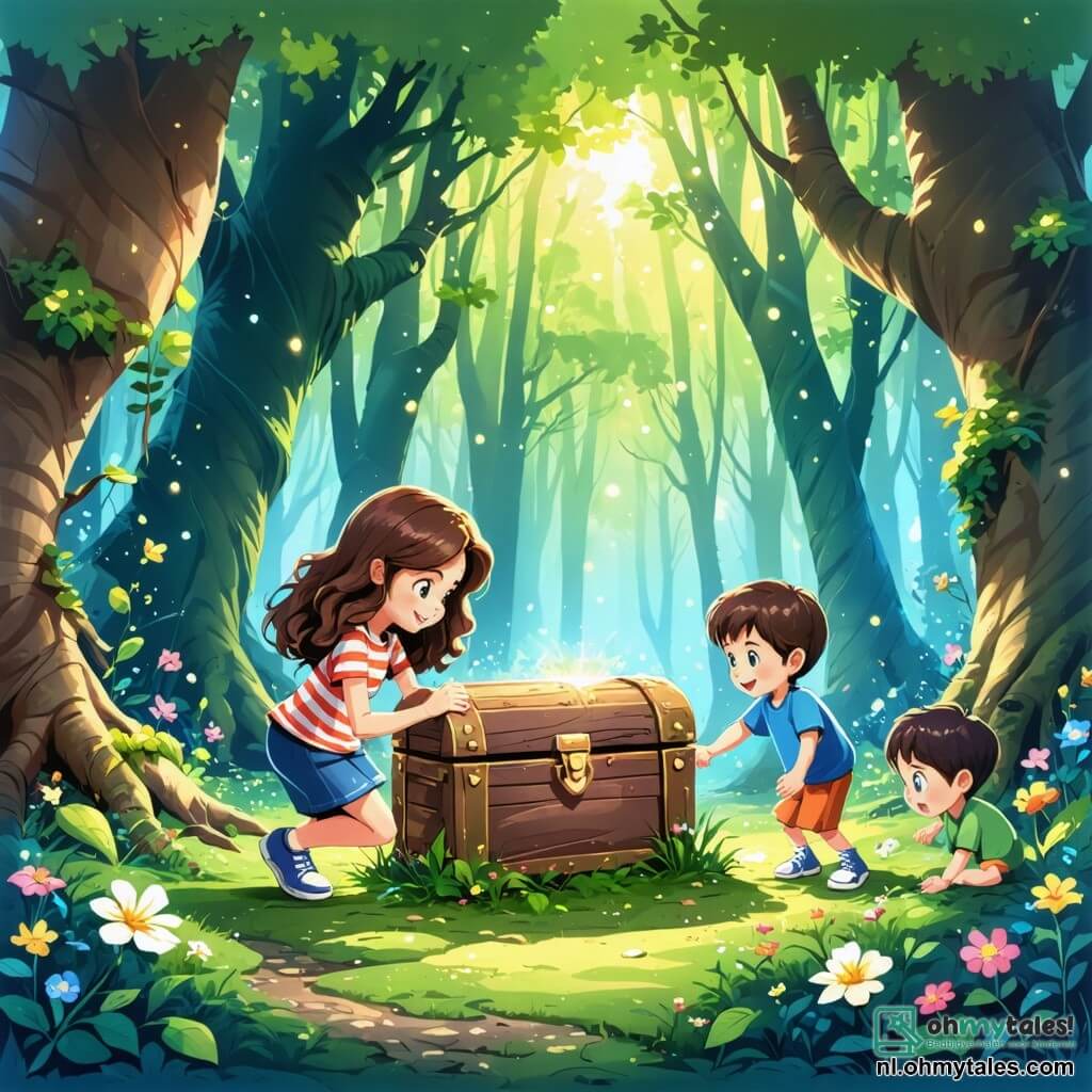 Illustratie van een magische scène in een betoverd bos, waar grote bomen met knoestige stammen naar de lucht rijzen, hun felgroene bladeren het zonlicht filterend. Op de grond nodigt een tapijt van kleurrijke bloemen en zachte mossen uit tot verkenning. In het midden van de afbeelding zit een 11-jarig meisje, met lange golvende kastanjebruine haren en nieuwsgierige sprankelende ogen, naast een grote houten kist versierd met oude patronen. Ze draagt een gestreept t-shirt en een spijkerbroekshort, met versleten sneakers die getuigen van haar vele avonturen. Haar gezicht straalt opwinding en vastberadenheid uit terwijl ze de kist onderzoekt. Naast haar staan twee jongens, de ene ongeveer 10 jaar met rommelig blond haar en een ondeugende glimlach, en de andere ongeveer 11 jaar met een bril en bruin haar, die vol verwondering kijken. De eerste houdt een oude kaart vast, terwijl de tweede met zijn vinger naar een intrigerend detail op de kist wijst. De hoofdsituatie toont de drie vrienden die een oude kist ontdekken in het hart van het bos, vol mysteries en verborgen schatten. Stralen van licht breken door de bladeren en verlichten de scène, wat een avontuurlijke sfeer creëert. Extra grafische elementen zijn kleurrijke vogels die op de takken zitten, vlinders die om hen heen fladderen, en kleine boswezens die nieuwsgierig naar de scène kijken.