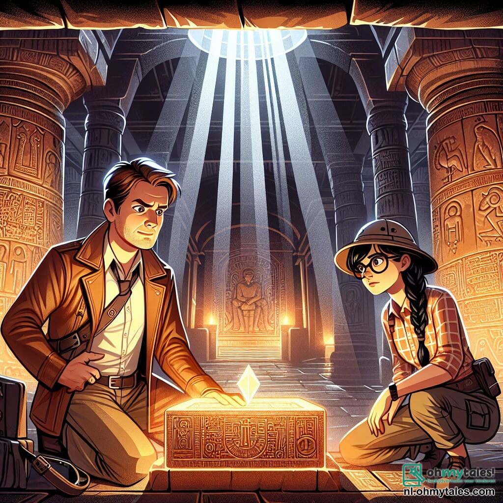 Illustratie van een enorme ondergrondse kamer, verlicht door stralen licht die door scheuren in het plafond filteren. De muren zijn versierd met mysterieuze oude inscripties en lichtgevende symbolen, terwijl grote stenen kolommen majestueus oprijzen, wat een zowel magische als intrigerende sfeer creëert. In het midden van de scène staat een man van dertig jaar, met bruin en iets verward haar, gekleed in een leren ontdekkingsreisjas en een safarihoed. Zijn gezicht toont opwinding en vastberadenheid terwijl hij zich aandachtig over een oud altaar buigt, waar een glanzende steen ligt, alsof hij op het punt staat een verborgen geheim te ontdekken. Naast hem staat een jonge vrouw van ongeveer vijfentwintig jaar, met lange gevlochten zwarte haren en een bril op haar neus, die aandachtig de inscripties op de muren bestudeert. Ze draagt een geruite blouse en cargo-broek, en haar blik is levendig en nieuwsgierig, wat haar avontuurlijke geest verraadt. De belangrijkste situatie toont het moment waarop deze twee ontdekkingsreizigers een oud geheim ontdekken, omringd door mysteries, terwijl ze zich voorbereiden om de geheimen van de ondergrondse kamer te ontcijferen. Aanvullende grafische elementen omvatten dansende schaduwen, verspreide oude artefacten om hen heen, en een voelbare sfeer van spanning en verwondering.