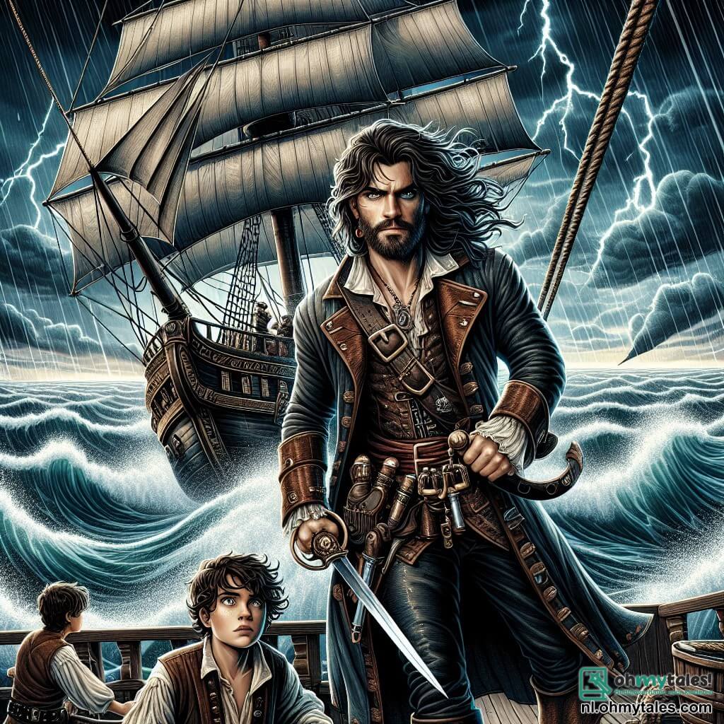 Illustratie van een boeiende scène op een piratenschip op open zee. Het schip, de "Zwarte Zee", is majestueus, met zwarte zeilen die door de wind zijn opgeblazen, varend door woelige golven onder een onstuimige lucht, waar bliksem de horizon verlicht. In het midden van de afbeelding staat een moedig vrouw stevig op het dek, met lange golvende haren, nat van het zout water, en een vastberaden uitdrukking op haar gezicht. Ze draagt een leren piratenjas, een riem versierd met pistolen en een glanzend zwaard in haar hand, klaar om de storm te trotseren. Naast haar staat een robuuste man van ongeveer 30 jaar, met een volle baard en gespierde armen, die aan een touw trekt om de zeilen aan te passen, zijn gezicht getekend door concentratie. Verderop kijkt een jongen van ongeveer 12 jaar, met krullend haar, met grote ogen naar de golven, terwijl hij een schatkaart in zijn handen houdt, wat hoop en avontuur symboliseert. De belangrijkste situatie toont de piratenvrouw die haar bemanning door de storm leidt, vastbesloten om de uitdagingen van de zee te overwinnen. Water spettert om hen heen terwijl meeuwen boven hen vliegen, wat een levendige touch toevoegt aan deze spannende scène.