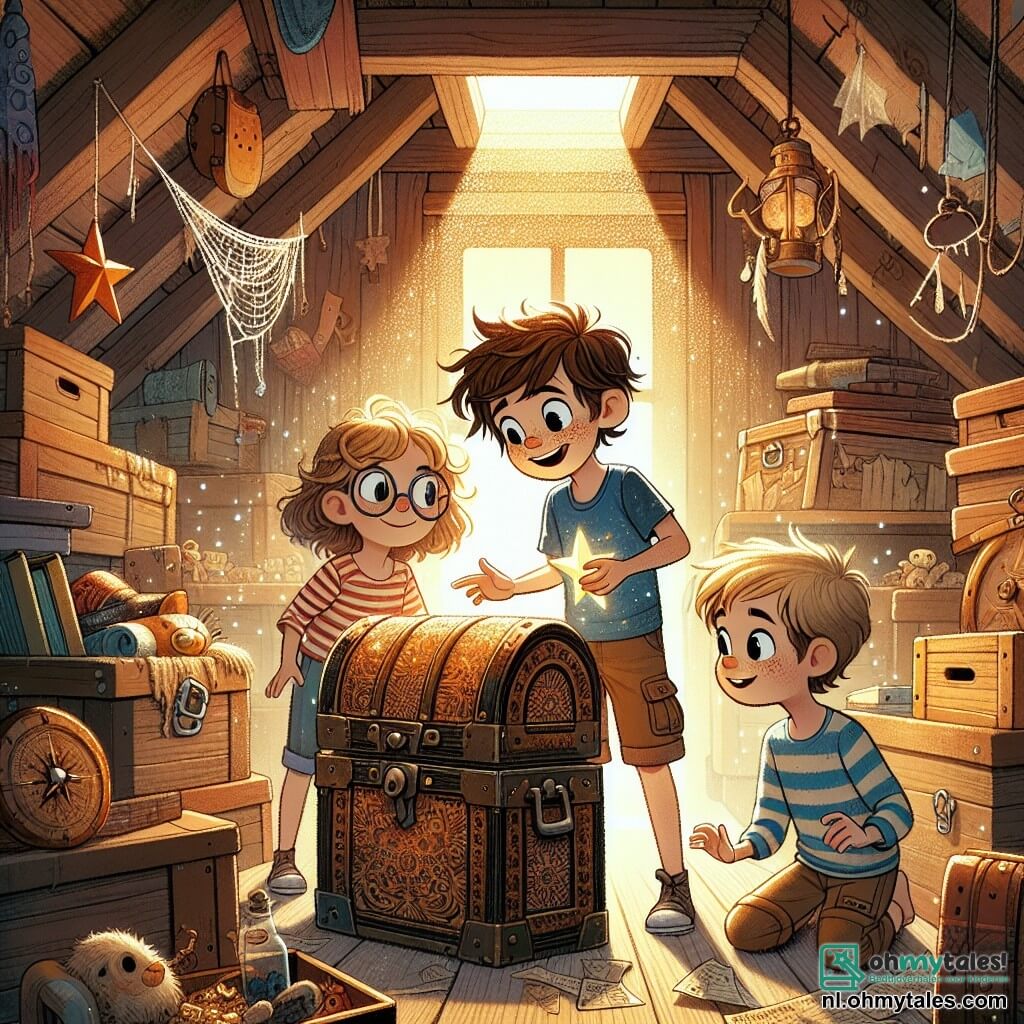 Illustratie van een magische scène op de zolder van een houten huis, vol oude stoffige dozen, met glinsterende spinnenwebben in het gouden zonlicht dat door een klein dakraam komt. In het midden staan drie jonge avonturiers: een zevenjarig jongetje met messy kastanjebruin haar, gekleed in een blauwe t-shirt en korte broek, die een schatkaart vasthoudt met sterren in zijn ogen; een andere jongen van dezelfde leeftijd met blond haar en ronde brillen, die nieuwsgierig naar de kaart kijkt, gekleed in een gestreept t-shirt en cargo broek; en tenslotte een zevenjarig meisje met lange gevlochten bruine haren, gekleed in een kleurrijke jurk, dat glimlacht terwijl ze een oude glazen fles vasthoudt. Ze ontdekken allemaal een grote houten kist versierd met mysterieuze patronen, omringd door oude voorwerpen zoals een verroeste kompas en vergeten speelgoed. De sfeer is vol opwinding en mysterie, met lichtflitsen en schaduwen die om hen heen dansen, wat een wereld van avontuur en ontdekking oproept.