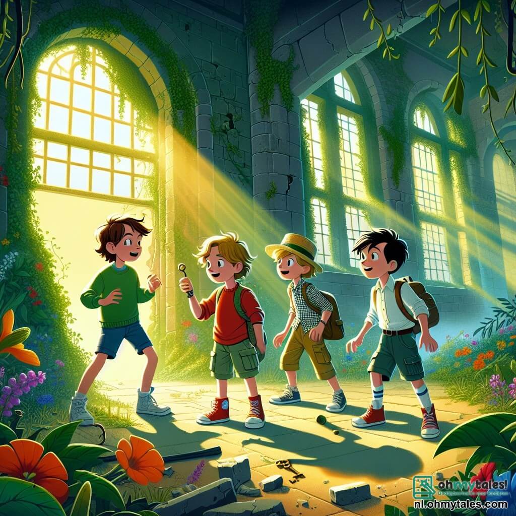 Illustratie van een magische scène in een oude schoolruïne, waar de muren bedekt zijn met groene klimop en kleurrijke bloemen, en grote gebroken ramen gouden stralen licht binnenlaten. In het midden van de afbeelding staan vier jonge avonturiers samen: een tienjarig jongen met rommelig bruin haar, in een rode t-shirt en blauwe shorts, die verwonderd kijkt naar een oude sleutel die hij in zijn hand houdt; een tienjarig jongen met blond haar, gekleed in een geruit overhemd en cargobroek, die met zijn vinger naar een mysterieuze deur achterin de kamer wijst; een tienjarig jongen met een bril en kastanjebruin haar, gekleed in een groene trui, die een zaklamp vasthoudt en de scène verlicht; en tenslotte een tienjarig jongen met zwart haar en een ondeugende glimlach, die een strohoed draagt en lijkt klaar om vastberaden een stap naar voren te zetten. Op de achtergrond dansen mysterieuze schaduwen op de muren, terwijl een lichte mist de grond omhult, wat een vleugje avontuur en mysterie aan deze boeiende scène toevoegt.