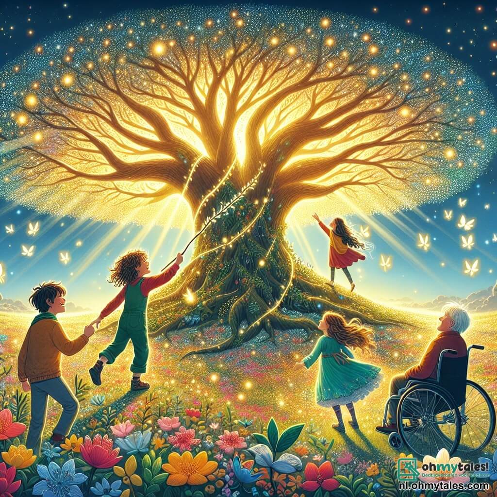 Illustratie van een magische scène onder een enorme en majestueuze boom met glinsterende bladeren, waarvan de takken zich uitstrekken als verwelkomende armen. De grond is bedekt met kleurrijke bloemen en gouden licht dat door het loof filtert, wat een feeërieke sfeer creëert. In het midden van de afbeelding staat een jongen van ongeveer 10 jaar met krullend haar en een stralende glimlach, die een lange tak vasthoudt om een van de glanzende vruchten van de boom te bereiken. Naast hem kijkt een meisje van 9 jaar met lange golvende haren vol verwondering, haar ogen fonkelend van nieuwsgierigheid. Ze draagt een kleurrijke jurk die danst in de wind. Een andere jongen van ongeveer 11 jaar zit in een rolstoel met een uitdrukking van vastberadenheid en vreugde, terwijl hij zijn vrienden aanmoedigt met een brede glimlach. De hoofdscène toont de kinderen in volle actie, verenigd in hun zoektocht naar de magische vruchten van de boom, wat hun vriendschap en verlangen om te leren symboliseert. Kleine, lichtgevende wezens, de Lumina, zweven om hen heen en voegen een vleugje magie toe aan de scène. De lucht is helderblauw, bezaaid met lichte wolken, en zonnestralen verlichten het geheel, wat een warme en inspirerende sfeer creëert.