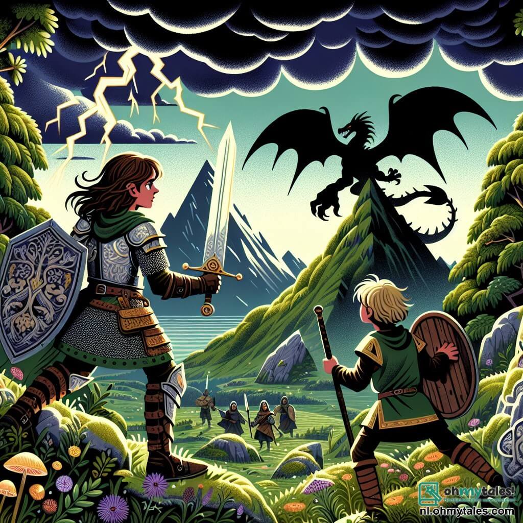 Illustratie van een epische scène in een oude storm van groene bergen, waar donkere wolken zich verzamelen boven een majestueuze storm. In het midden staat een ridderes, een vrouw van ongeveer dertig jaar, trots gekleed in glanzende harnassen versierd met bloemmotieven. Haar lange, bruine haar wappert in de wind, en haar gezicht straalt zowel vastberadenheid als wijsheid uit. Ze heft een schitterend zwaard, klaar om het waardevolle artefact dat ze net heeft ontdekt te verdedigen. Naast haar staat een jonge man van ongeveer 20 jaar, met rommelig blond haar en een bewonderende blik, die de scène observeert. Hij draagt een eenvoudige tuniek en leren broek, met een oud houten schild in de hand, klaar om de ridderes in haar strijd te steunen. De belangrijkste situatie toont de ridderes tegenover een dreigende schaduw die uit de diepten van het bos opduikt, een drakenachtige schaduw met donkere schubben, klaar om de schat te verdedigen. Bliksem verlicht de lucht, wat een dramatische sfeer aan deze confrontatie toevoegt. Gekleurde wilde bloemen en oude stenen bedekken de grond, terwijl geschrokken vogels de lucht in stijgen.
