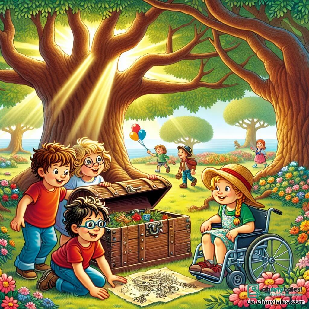 Illustration eines großen sonnigen Parks, gefüllt mit bunten Blumen und majestätischen Bäumen. In der Mitte steht eine riesige alte Eiche mit ausladenden Ästen, unter der sich eine Gruppe von vier Kindern befindet. Zwei Jungen von etwa 10 Jahren, einer mit zerzausten braunen Haaren und einem roten T-Shirt, der andere mit Brille und einem blauen T-Shirt, beugen sich über eine alte Holzkiste und sehen aufgeregt aus. Neben ihnen lächelt ein Mädchen mit geflochtenen blonden Haaren, das ein Blumenkleid trägt und ein Stück Papier mit einer geheimnisvollen Zeichnung in der Hand hält. Ein weiterer Junge, etwa 9 Jahre alt, sitzt im Rollstuhl, lächelt breit und trägt einen Strohhut, während er aufmerksam seine Freunde beobachtet. Die Hauptsituation zeigt die Kinder, die eine alte Kiste entdecken, die voller bunter Schätze ist, während sie Rätsel lösen, um einen versteckten Schatz zu finden. Zusätzliche grafische Elemente umfassen Ballons, die am Himmel schweben, Kinder, die in der Ferne spielen, und Sonnenstrahlen, die durch die Äste der Bäume filtern und eine fröhliche, abenteuerliche Atmosphäre schaffen.