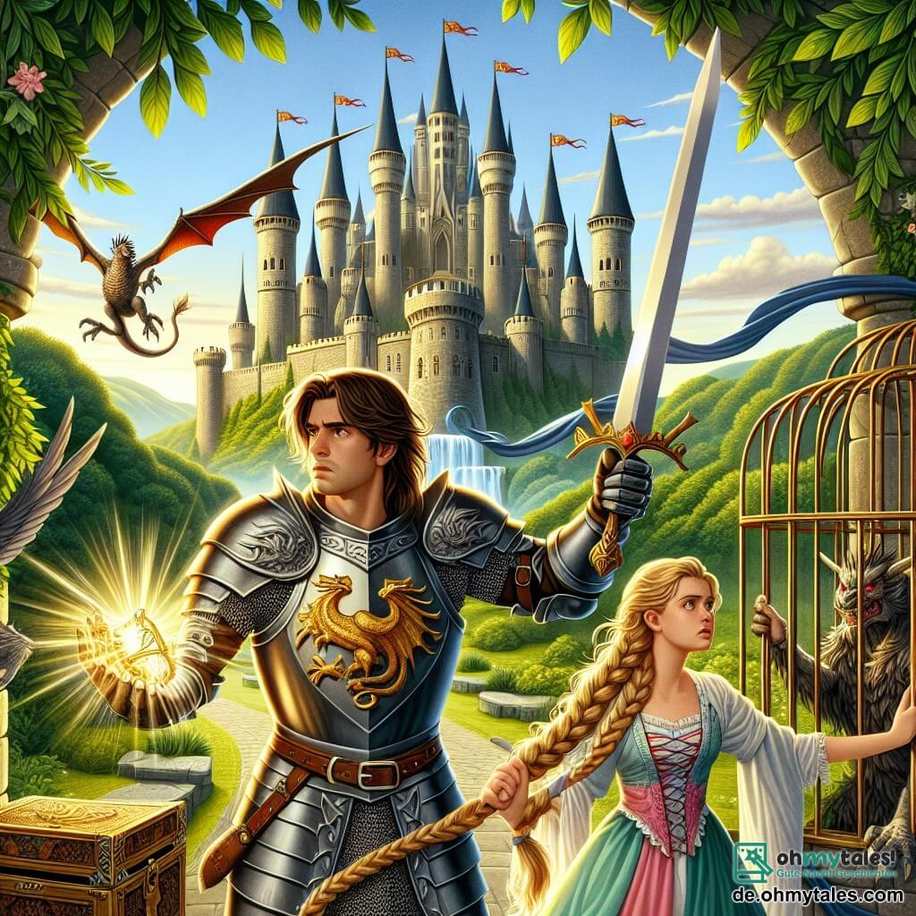Eine Illustration zeigt ein majestätisches mittelalterliches Schloss, das über ein grünes Tal thront, mit schlanken Türmen und wehenden Fahnen. Im Vordergrund steht ein mutiger Ritter, ein etwa 25-jähriger junger Mann, der eine glänzende Rüstung mit Drachenmotiven trägt. Er hat schulterlange braune Haare und einen entschlossenen Blick, während er sein Schwert mit Zuversicht schwingt, bereit, den bevorstehenden Gefahren zu begegnen. An seiner Seite steht eine etwa 20-jährige Prinzessin in einem eleganten pastellfarbenen Kleid mit langen geflochtenen blonden Haaren, die hoffnungsvoll zusieht. Sie ist in einem goldenen Käfig gefangen, doch ihr Blick strahlt Mut und Dankbarkeit gegenüber dem Ritter aus. Die Szene fängt den entscheidenden Moment ein, in dem der Ritter sich darauf vorbereitet, gegen eine Gruppe dunkler Kreaturen zu kämpfen, die aus den Schatten auftauchen und drohen, sie zu trennen. Blitze des Lichts strahlen von dem magischen Amulett, das der Ritter in der Hand hält, und erhellen die umgebende Dunkelheit. Laubbaumrahmen verleihen der Szene einen Hauch von Geheimnis in diesem epischen Abenteuer.
