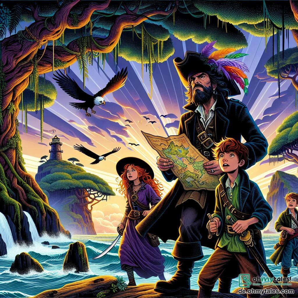 Eine Illustration zeigt eine fesselnde Szene auf einer geheimnisvollen Insel, wo riesige Bäume mit leuchtenden Blättern in einen dämmerigen Himmel aufragen, der in Violett- und Orangetönen schimmert. Im Mittelpunkt der Szene steht ein wettergegerbter Mann in einem langen schwarzen Mantel, mit einem entschlossenen Blick und einem mit bunten Federn geschmückten Piratenhut, der fest auf einem Felsen steht und eine Schatzkarte schwenkt. An seiner Seite befinden sich zwei Nebenfiguren: eine etwa 25-jährige Frau mit wehenden roten Haaren und einem Bandana um den Kopf, die ein Schwert hält, und ein etwa 10-jähriger Junge mit zerzausten braunen Haaren, der mit leuchtenden Augen die Karte bewundert. Die Hauptsituation zeigt die Gruppe auf Erkundungstour, bereit, die Geheimnisse der Insel auf der Suche nach einem legendären Schatz zu entdecken, mit Wellen im Hintergrund und Möwen, die am Himmel kreisen. Zusätzliche grafische Elemente umfassen alte, mit Moos bedeckte Steine, Fußabdrücke im Sand und Lichtstrahlen, die von den Blättern der Bäume ausgehen, wodurch eine magische und abenteuerliche Atmosphäre entsteht.