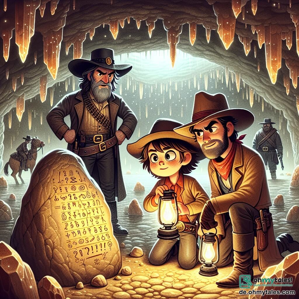 Illustration einer Szene in einer großen Höhlenkammer mit funkelnden Wänden, die mit glänzenden Kristallen bedeckt sind, und einem großen Felsen in der Mitte, wo das sanfte Licht einer Lampe geheimnisvolle Symbole beleuchtet. Ein junger, mutiger Mann mit einem abgetragenen Cowboyhut, zerzausten braunen Haaren und funkelnden Augen steht vor dem Felsen, die Hände auf den Hüften, mit einem entschlossenen Ausdruck. Neben ihm ein älterer Mann mit grauem Bart und einem wohlwollenden Lächeln, der einen alten Ledermantel trägt und aufmerksam die Symbole beobachtet, während er eine Öllampe hält, die den Weg beleuchtet. Im Hintergrund stehen zwei Banditen, einer mit einem listigen Blick und einem roten Bandana im Gesicht, der andere größer, mit schwarzen Haaren und einer Narbe auf der Wange, zurückhaltend und neugierig auf die Entdeckung. Die Hauptsituation zeigt die Gruppe, die dabei ist, die Symbole auf dem Felsen zu entschlüsseln, ein Moment der Anspannung und Neugier, während sie erkennen, dass sie kurz davor sind, einen verborgenen Schatz zu entdecken. Lichtstrahlen von den Kristallen verleihen der Szene eine magische Atmosphäre, während ein leichter Nebel in der Luft schwebt und das Geheimnis der Höhle verstärkt.