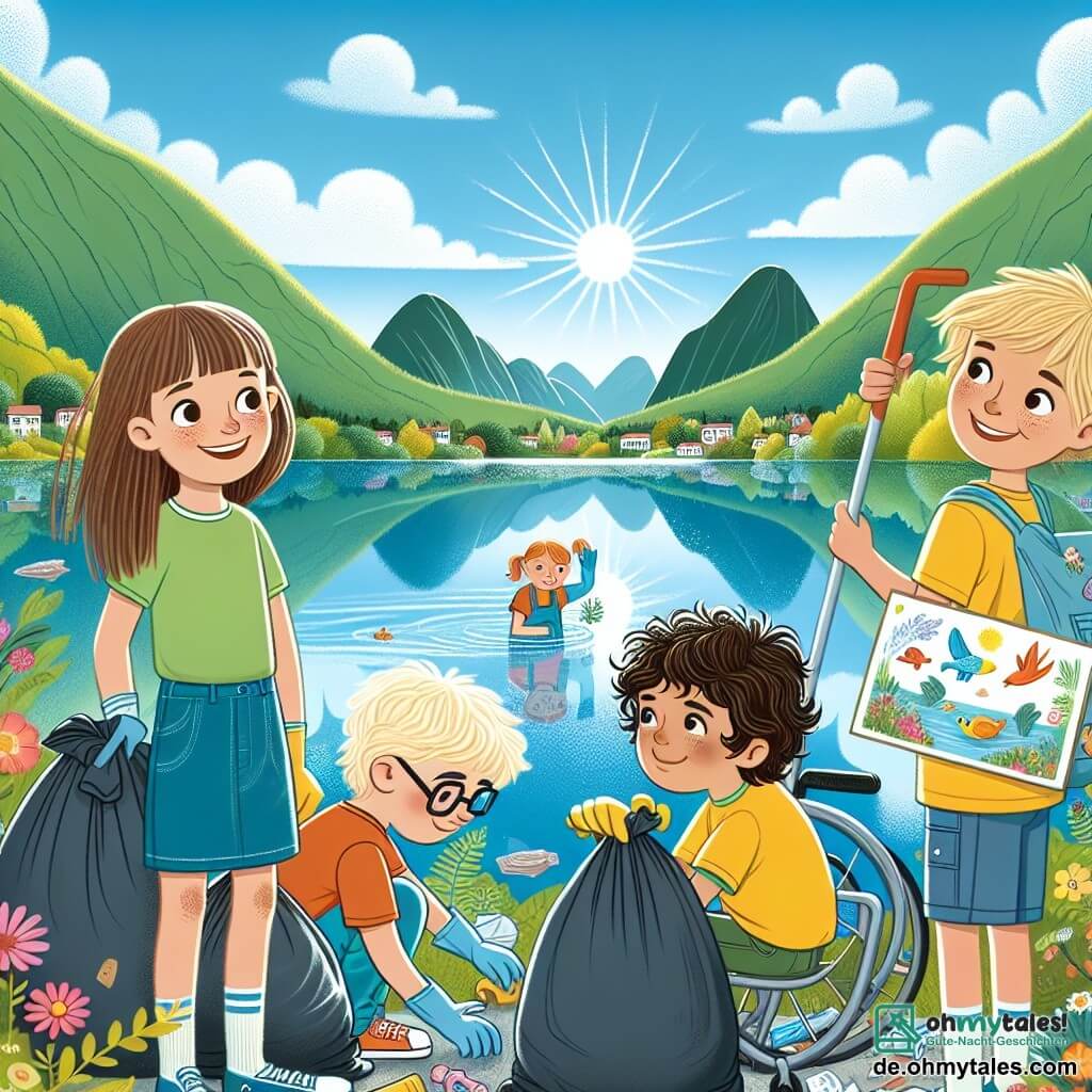 Eine Illustration zeigt einen wunderschönen See, umgeben von grünen Bergen unter einem strahlend blauen Himmel. Der kristallblaue See spiegelt die Sonne wider und ist gesäumt von bunten Blumen und Laubbäumen. Im Vordergrund sind vier Kinder versammelt: Ein 10-jähriges Mädchen mit langen braunen Haaren, das ein gelbes T-Shirt und eine Jeansshorts trägt und lächelt, während es einen Müllsack hält. Neben ihr steht ein 11-jähriger Junge mit zerzausten blonden Haaren, der ein grünes T-Shirt und Shorts trägt und die Arme siegreich in die Luft hebt. Ein weiterer 9-jähriger Junge mit Brille und braunen Haaren hockt und sammelt mit Handschuhen Müll auf. Schließlich sitzt ein 12-jähriges Mädchen im Rollstuhl, hat lockige Haare und trägt ein buntes Kleid, während sie ein Plakat mit einer Zeichnung eines Fisches hält, das andere ermutigt, den See zu schützen. Die Szene zeigt die Kinder beim Reinigen des Sees, umgeben von Müllsäcken, mit Lächeln auf ihren Gesichtern, was Hoffnung und Einheit symbolisiert, um ihre Umwelt zu retten. Vögel fliegen am Himmel, und einige Fische tauchen an die Wasseroberfläche, was dieser fröhlichen und ansprechenden Illustration Leben verleiht.