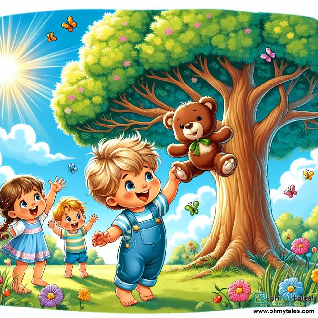 An illustration depicts a majestic large tree in a sunny park, with shiny green leaves and a blue sky dotted with fluffy white clouds. At the foot of the tree, a 1-year-old boy with messy blond hair and round cheeks is wearing blue overalls and a striped t-shirt. He is reaching out towards a branch, with a big smile on his face, searching for his teddy bear. Next to him are two friends: a 2-year-old girl with braided brown hair in a pink dress, encouraging him with a big smile, and a 2-year-old boy wearing a blue cap, excitedly pointing at the branch. The teddy bear, a brown teddy with a big smile, is sitting on the branch, looking happy to be found. Colorful flowers and butterflies dance around them, adding a magical touch to this scene of adventure and friendship.