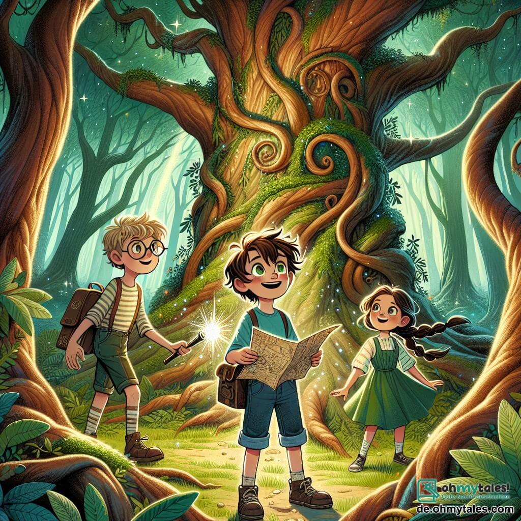 Illustration einer magischen Szene in einem verwunschenen Wald, wo große, knorrige Bäume gen Himmel wachsen, deren Blätter im Sonnenlicht in vielen Farben schimmern. Im Zentrum dieser Szene steht ein 11-jähriger Junge mit zerzausten braunen Haaren und neugierigen Augen, der eine alte Karte in den Händen hält. Er trägt ein blaues T-Shirt und eine Jeansshorts, und sein Gesicht drückt spürbare Aufregung aus, während er seine Umgebung nach Hinweisen für sein Abenteuer absucht. An seiner Seite begleiten ihn zwei Freunde: ein 10-jähriges Mädchen mit langen, geflochtenen braunen Haaren, das ein grünes Kleid trägt, das sich harmonisch in die Natur einfügt, und ein 11-jähriger Junge mit runden Brillen und einem gestreiften T-Shirt, der eine Taschenlampe hält, bereit, die Geheimnisse des Ortes zu erhellen. Die Hauptsituation zeigt das Trio, das einen majestätischen alten Baum erkundet, dessen Wurzeln sich wie Schlangen verflechten. Sie entdecken eine kleine geheime Tür an der Basis des Baumes, die sie einlädt, in eine magische Welt einzutreten. Lichtblitze und kleine feenhafte Kreaturen schweben um sie herum und verleihen dieser Abenteuerszene einen Hauch von Geheimnis und Staunen.