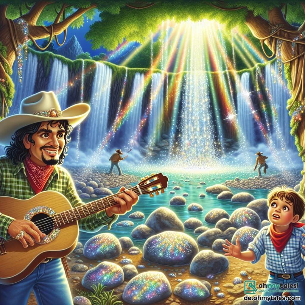 Illustration einer magischen Szene nahe einem wunderschönen glitzernden Wasserfall, wo das Wasser unter der Sonne funkelt und einen lebhaften Regenbogen bildet. Im Hintergrund umgeben majestätische grüne Bäume den Ort, und glänzende Steine sind rund um den Wasserfall verstreut. Im Vordergrund steht ein mutiger Mann mit einem breiten Cowboyhut, der ihm teilweise das Gesicht verdeckt. Er trägt eine braune Lederjacke und staubige Stiefel. Er lächelt, seine Augen funkeln vor Aufregung, während er eine Gitarre in den Händen hält, bereit, eine fröhliche Melodie zu spielen. Neben ihm beobachtet ein etwa zehnjähriger Junge mit zerzausten blonden Haaren und einem roten Bandana um den Hals fasziniert das Geschehen. Er trägt ein kariertes Hemd und Jeans und scheint ungeduldig darauf zu warten, dieses Abenteuer mit seinem Freund zu teilen. Die Hauptsituation zeigt den Mann und den Jungen, die eine kleine Höhle hinter dem Wasserfall entdecken, wo funkelnde Steine ihre Aufmerksamkeit erregen. Lichtblitze tanzen um sie herum und schaffen eine Atmosphäre von Geheimnis und Abenteuer. Bunte Vögel fliegen über ihren Köpfen und verleihen dieser verzauberten Szene Leben.