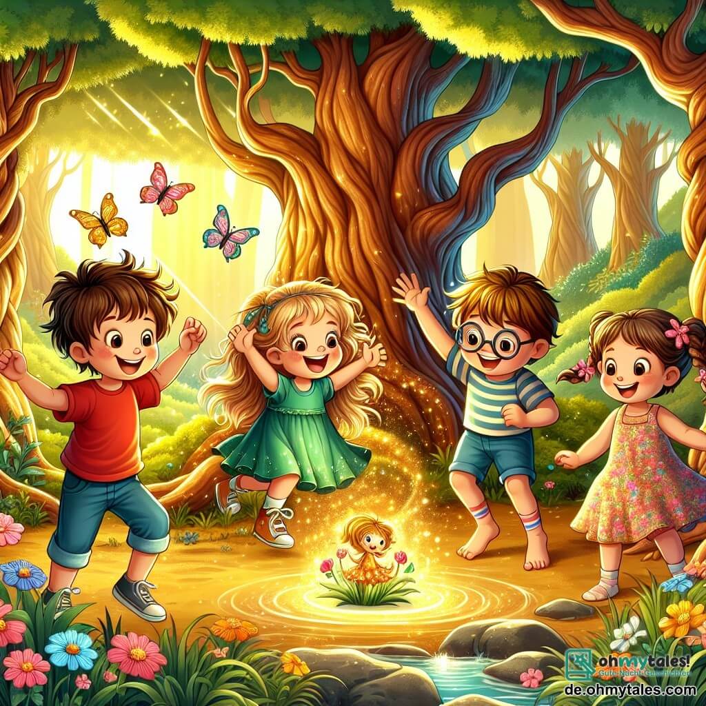 Eine Illustration zeigt eine verzauberte Lichtung, umgeben von großen, knorrigen Bäumen und bunten Blumen, die in der Sonne funkeln. Im Mittelpunkt stehen vier Kinder: ein zehnjähriger Junge mit zerzausten braunen Haaren, der ein rotes T-Shirt und blaue Shorts trägt und mit einem breiten Lächeln ein imaginäres Lenkrad hält. Neben ihm ein neunjähriges Mädchen mit langen, geflochtenen blonden Haaren in einem grünen Kleid, das begeistert die Arme in die Luft hebt. Ein weiterer achtjähriger Junge mit Brille und braunen Haaren trägt ein gestreiftes T-Shirt und lacht fröhlich, während ein siebenjähriges Mädchen mit Zöpfen und einem Blumenkleid sich hinkniet, um ein kleines, magisches Wesen zu bewundern, das neben einem Baum funkelt. Die Szene strahlt Abenteuerlust und Kameradschaft aus, mit bunten Schmetterlingen, die um sie herumfliegen, und einem sanften Bach, der in der Nähe murmelt und die Magie dieses Moments verstärkt.