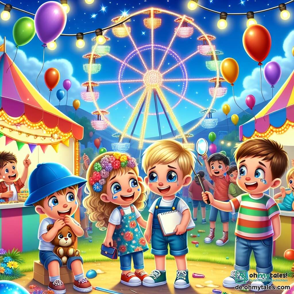 Eine Illustration zeigt eine lebhafte Szene eines Freiluftfestivals. Der Ort ist ein bunter Park, gefüllt mit Ständen, die mit Lichtergirlanden und bunten Ballons geschmückt sind, die am blauen Himmel schweben. In der Mitte funkelt ein Riesenrad und verleiht der fröhlichen Atmosphäre einen Hauch von Magie. Drei Kinder, ein 8-jähriger Junge mit blonden Haaren und funkelnden Augen, trägt eine blaue Mütze und hält eine Lupe in der Hand, während er neugierig um sich schaut. Neben ihm lächelt ein 7-jähriges Mädchen mit lockigen braunen Haaren und einem Blumenkleid fröhlich, während sie ein Notizbuch und einen Bleistift hält, bereit, Hinweise aufzuschreiben. Ein anderer 8-jähriger Junge mit braunen Haaren und einem gestreiften T-Shirt zeigt auf einen kleinen Jungen mit einer roten Mütze, der traurig aussieht und seinen verlorenen Ballon sucht. Die Hauptsituation zeigt die Kinder, die den in Not geratenen kleinen Jungen befragen, umgeben von Lachen und lebhaften Farben. Ballons schweben um sie herum, und im Hintergrund haben die Menschen Spaß, was eine festliche Stimmung erzeugt. Zusätzliche grafische Elemente umfassen Essensstände mit Süßigkeiten wie Zuckerwatte und Hotdogs sowie einen sonnigen Himmel, der die Szene erhellt.