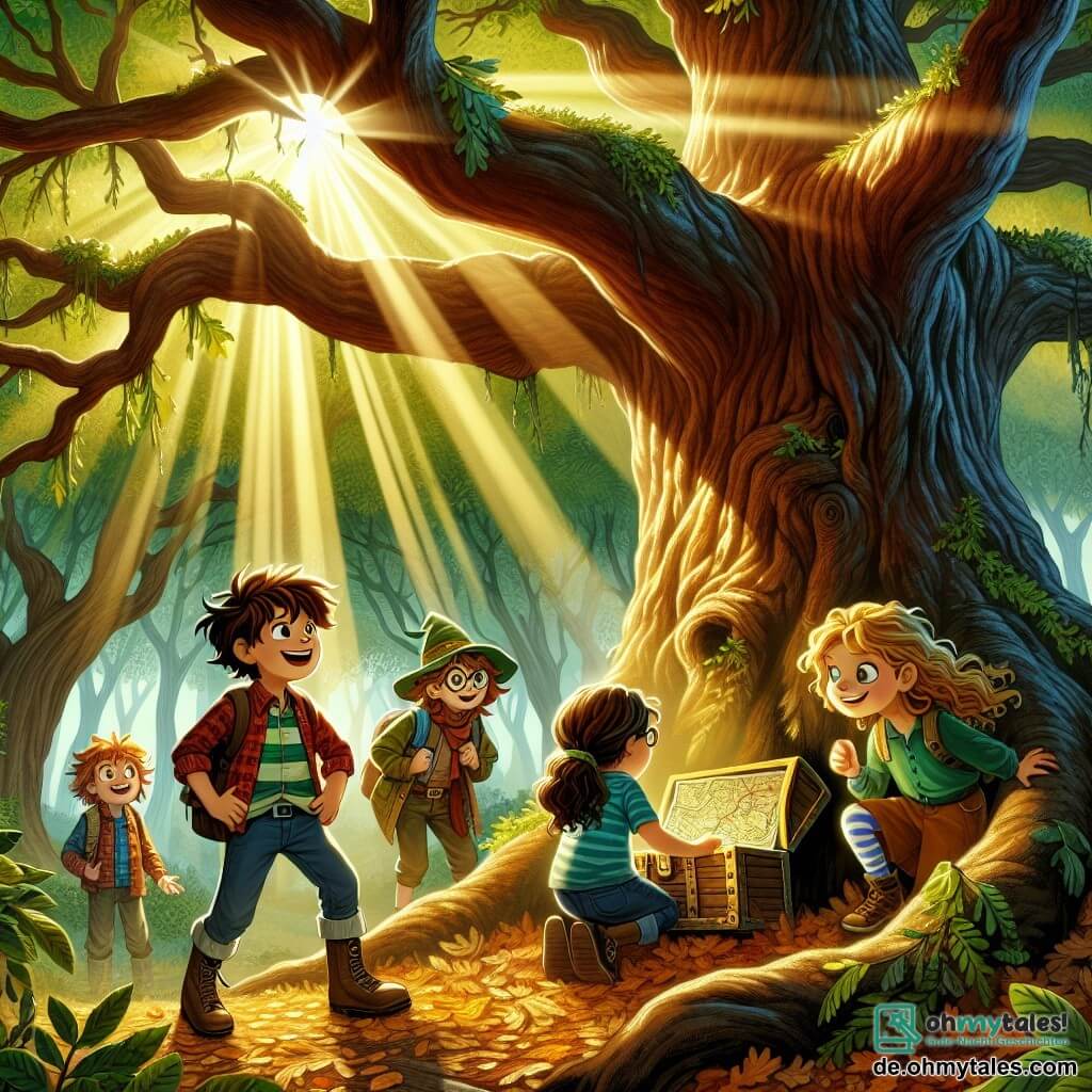 Eine Illustration zeigt eine magische Szene in einem grünen Wald, in dessen Mitte eine majestätische alte Eiche steht, deren knorrige Äste schützend ausgebreitet sind. Sonnenstrahlen filtern durch das Laub und erzeugen goldene Lichtreflexe auf dem mit Blättern bedeckten Boden. Am Fuß der Eiche hält ein 12-jähriger Junge mit zerzausten braunen Haaren und neugierigen Augen entschlossen eine alte Karte in den Händen. Neben ihm steht ein 11-jähriges Mädchen mit langen lockigen Haaren, das mit einem schelmischen Lächeln aufmerksam ein seltsames Muster auf der Rinde der Eiche betrachtet. Ein weiterer 12-jähriger Junge mit Brille und buntem T-Shirt lacht, während er auf ein lustiges Detail auf der Karte zeigt. Schließlich beugt sich ein 10-jähriges Mädchen mit leuchtenden Augen und praktischer Kleidung, um eine kleine Truhe zu untersuchen, die an der Basis des Baumes versteckt ist. Die Hauptsituation zeigt die kleinen Abenteurer, die ein verborgenes Geheimnis entdecken, umgeben von einer Atmosphäre der Aufregung und des Geheimnisses, mit Elementen der Natur wie bunten Blumen und singenden Vögeln, die die Magie des Moments verstärken.