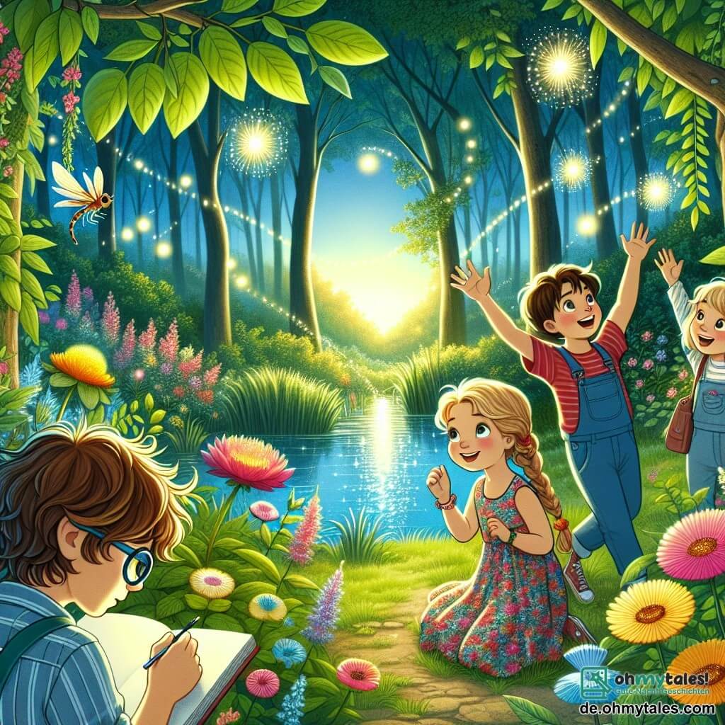 Eine Illustration zeigt eine verzauberte Lichtung im Herzen eines magischen Waldes, durchzogen von sanftem Sonnenlicht, das durch die grünen Blätter filtert. Bunte Blumen mit leuchtend rosa, gelben und blauen Blütenblättern wachsen um einen funkelnden kleinen See, in dem Glühwürmchen in der Luft tanzen. In dieser Szene sind vier Kinder anwesend: Ein siebenjähriger Junge mit zerzausten braunen Haaren und einem roten Hemd, der mit Staunen die magischen Kreaturen betrachtet. Neben ihm steht ein sechsjähriges Mädchen mit langen, geflochtenen blonden Haaren und einem Blumenkleid, das fröhlich lächelt und die Arme zum Tanzen hebt. Ein weiterer achtjähriger Junge mit Brille und blauem T-Shirt hält ein Skizzenbuch und zeichnet konzentriert die Glühwürmchen, die um sie herum fliegen. Schließlich beobachtet ein siebenjähriges Mädchen mit lockigen Haaren und einer Latzhose aufmerksam die Details der Blumen, fasziniert von ihrer Schönheit. Die Hauptsituation zeigt die Kinder, die eine Gruppe von funkelnden Feen entdecken, die um sie herum tanzen und die Lichtung mit ihrem magischen Glanz erhellen. Goldene Lichtblitze und Glitzer schweben in der Luft und schaffen eine märchenhafte Atmosphäre. Im Hintergrund umgeben majestätische Bäume mit dicken Stämmen und dichtem Laub die Szene und verleihen diesem verzauberten Abenteuer eine geheimnisvolle Note.