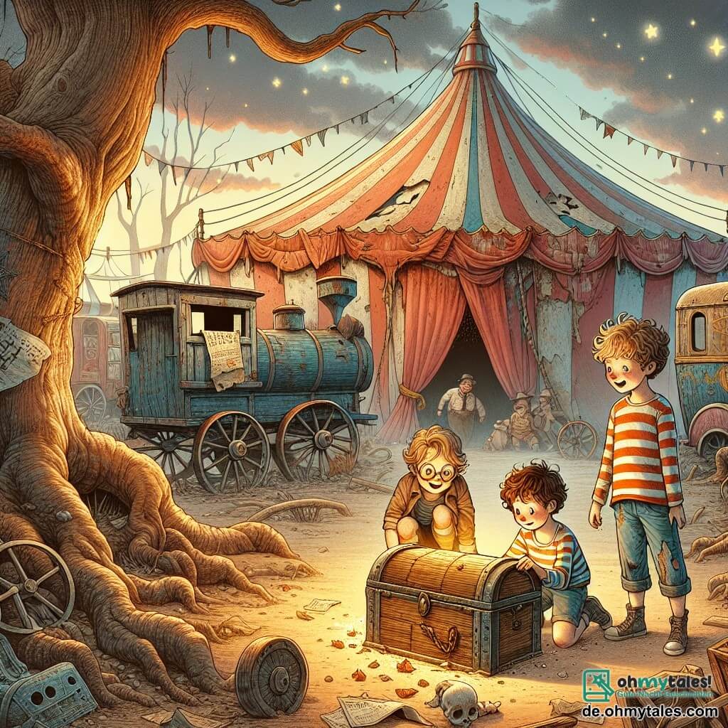 Illustration eines alten verlassenen Zirkus mit einem großen, verblassten Zelt, rostigen Zirkuswagen und zerrissenen Plakaten an den Wänden. Der Boden ist mit Laub und Trümmern bedeckt, während ein majestätischer Baum im Hintergrund steht, dessen Äste sich wie schützende Arme ausstrecken. Drei Kinder, zwei Jungen und ein Mädchen, erkunden diesen geheimnisvollen Ort. Der erste Junge, etwa 11 Jahre alt, hat zerzauste braune Haare und trägt ein gestreiftes T-Shirt und Shorts. Er schaut mit Staunen auf eine alte Holzkiste, die er gerade entdeckt hat. Der zweite Junge, etwas größer, hat blonde Haare und trägt eine Brille. Er wirkt etwas nervös, aber neugierig, während er sich vorbeugt, um die Kiste zu untersuchen. Das Mädchen, 10 Jahre alt, hat lange, lockige Haare und trägt ein buntes Kleid. Sie hält eine alte Karte in den Händen, ihre Augen strahlen vor Aufregung. Die Szene fängt den Moment ein, in dem die Kinder die geheimnisvolle Kiste entdecken, was ihr Abenteuer als kleine Ermittler symbolisiert. Zusätzliche grafische Elemente umfassen funkelnde Sterne am Himmel, geheimnisvolle Schatten, die von den alten Wagen geworfen werden, und Lichtstrahlen, die die Kiste erhellen und der Atmosphäre einen Hauch von Magie verleihen.