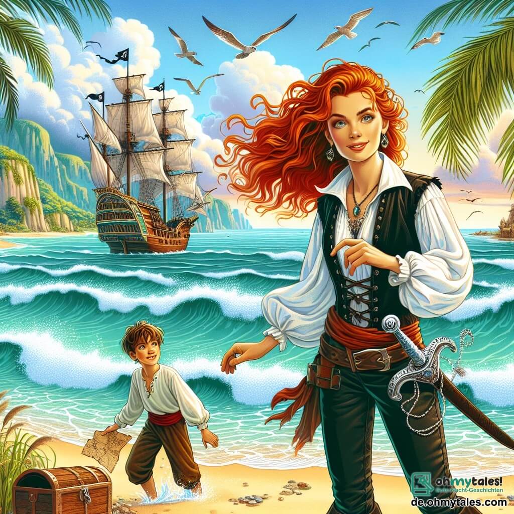 Illustration einer fesselnden Szene am Strand einer geheimnisvollen Insel, wo Palmen sanft unter der Meeresbrise wiegen und türkisfarbene Wellen auf den goldenen Sand schlagen. Im Mittelpunkt des Bildes steht eine stolz blickende Frau mit leuchtend roten Haaren, die im Wind wehen. Sie trägt ein weites weißes Hemd, eine Lederweste und Piratenhosen, mit einem funkelnden Schwert an ihrem Gürtel. An ihrer Seite beobachtet ein etwa zehnjähriger Junge mit braunen Haaren und funkelnden Augen das Meer staunend, während er eine alte Schatzkarte in den Händen hält. Im Hintergrund liegt ein großes Piratenschiff, die "Smaragdkrone", vor Anker, mit von Wind gefüllten smaragdgrünen Segeln, während Möwen darüber fliegen. Die Frau zeigt auf den Horizont, wo sich eine Bergsilhouette abzeichnet, ein Symbol für das bevorstehende Abenteuer, während Schatztruhen, gefüllt mit Goldmünzen und funkelndem Schmuck, über den Sand verstreut liegen und das Versprechen eines großen Schatzes wecken.