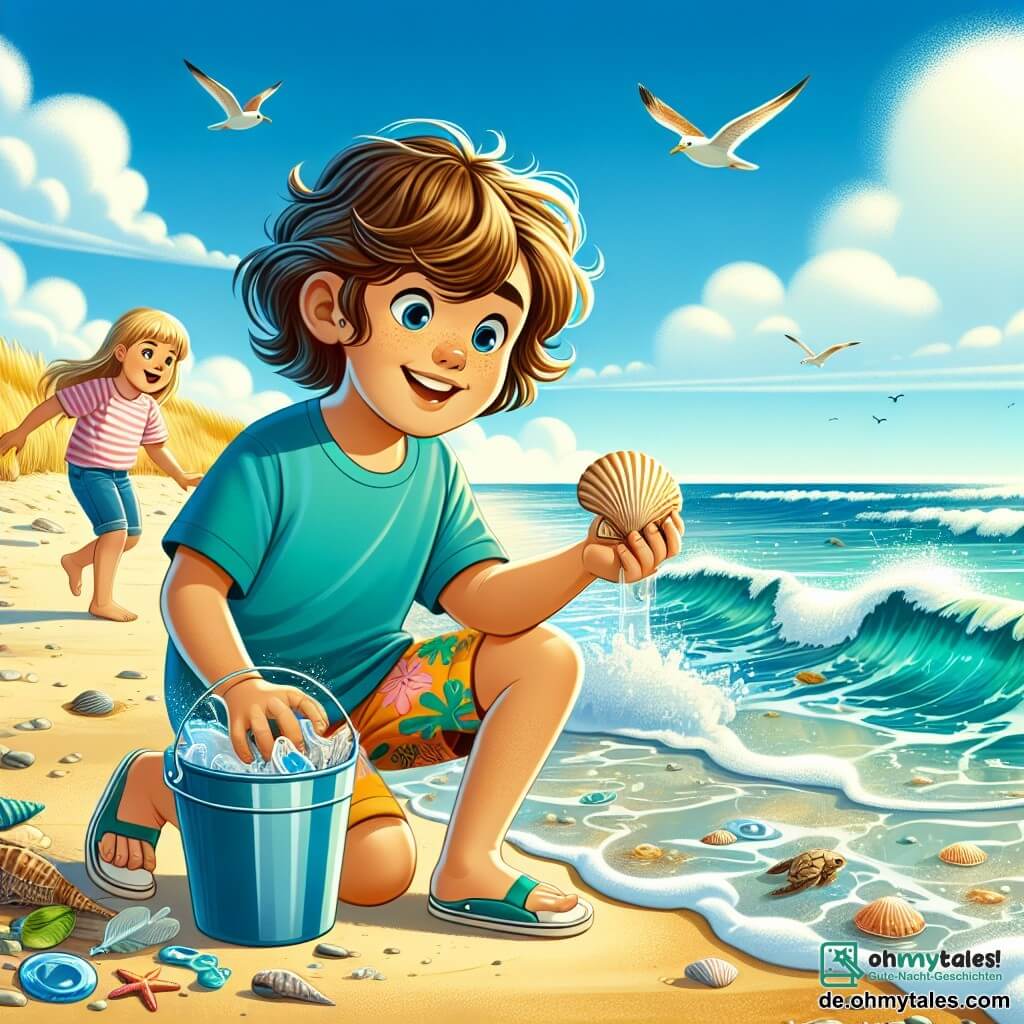 Illustration einer sonnigen Strandlandschaft mit goldenen Sanddünen und türkisfarbenen Wellen, die sanft ans Ufer schlagen. Im Vordergrund hockt ein 11-jähriges Mädchen mit welligem braunem Haar, das ein blaues T-Shirt und eine bunte Shorts trägt. Sie untersucht fasziniert eine Muschel im Sand, ihr Gesicht strahlt vor neugierigem Lächeln. Neben ihr steht ein 11-jähriger Junge mit kurzen blonden Haaren, der ein grünes T-Shirt trägt und einen Eimer voller Plastikmüll hält, den er am Strand gesammelt hat, mit einem entschlossenen Ausdruck. Im Hintergrund spielen Kinder in den Wellen und Möwen gleiten am blauen Himmel. Die Szene verdeutlicht die Bedeutung des Umweltschutzes und das Bewusstsein für den Klimawandel, mit grafischen Elementen wie Plastikmüll im Sand und Informationsschildern zum Naturschutz.
