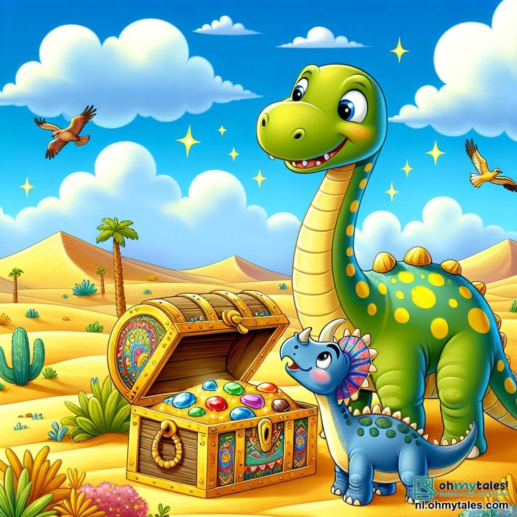 Illustratie van een uitgestrekt woestijnlandschap onder een stralende blauwe lucht, met enkele donzige witte wolken. In het midden leunt een grote diplodocus met een lange nek en een groene huid met gele vlekken nieuwsgierig over een oude houten schatkist versierd met kleurrijke patronen, gevuld met schitterende edelstenen. Naast hem kijkt een kleine triceratops met scherpe hoorns en een bruine huid, met sprankelende ogen van opwinding, glimlachend naar de ontdekking. Beide dinosaurussen zijn omringd door gouden zandduinen en enkele groene planten, terwijl kleurrijke vogels vrolijk door de lucht vliegen. De sfeer is vrolijk en vriendelijk, wat de verwondering en vriendschap tussen de twee personages illustreert.