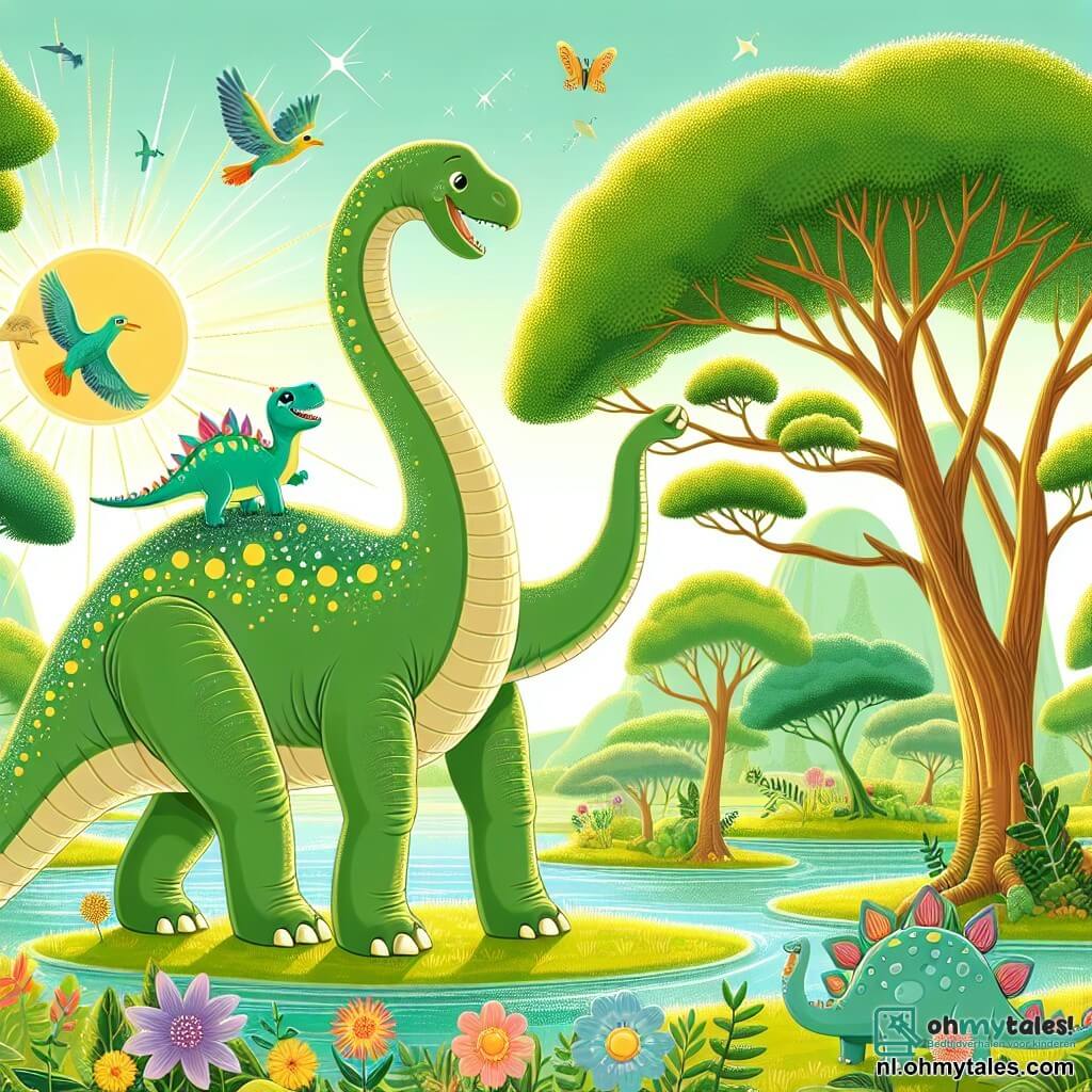 Illustratie die een zonnige scène op een groen eiland weergeeft, waar grote bomen met dikke stammen naar de lucht reiken, hun glanzende bladeren dansend in de wind. In het midden van de afbeelding staat een enorme diplodocus majestueus, met een lange nek en een massale staart, zijn schubben in een zachte groene kleur met gele vlekken die schitteren onder de zonnestralen. Hij buigt zich om sappige bladeren van een hoge tak te bereiken, met een vriendelijke glimlach op zijn gezicht. Naast hem klimt een kleine stegosaurus met kleurrijke platen, met een lichtblauwe huid en sprankelende ogen van vreugde, op de rug van de diplodocus, lachend en stevig vasthoudend. Op de achtergrond kronkelt een glinsterende rivier door het landschap, en stralende bloemen in alle kleuren voegen een vleugje magie toe aan deze vrolijke scène. Kleurrijke vogels vliegen in de lucht, terwijl vlinders om de bloemen dansen, wat een sfeer van geluk en vriendschap tussen de dinosaurussen creëert.