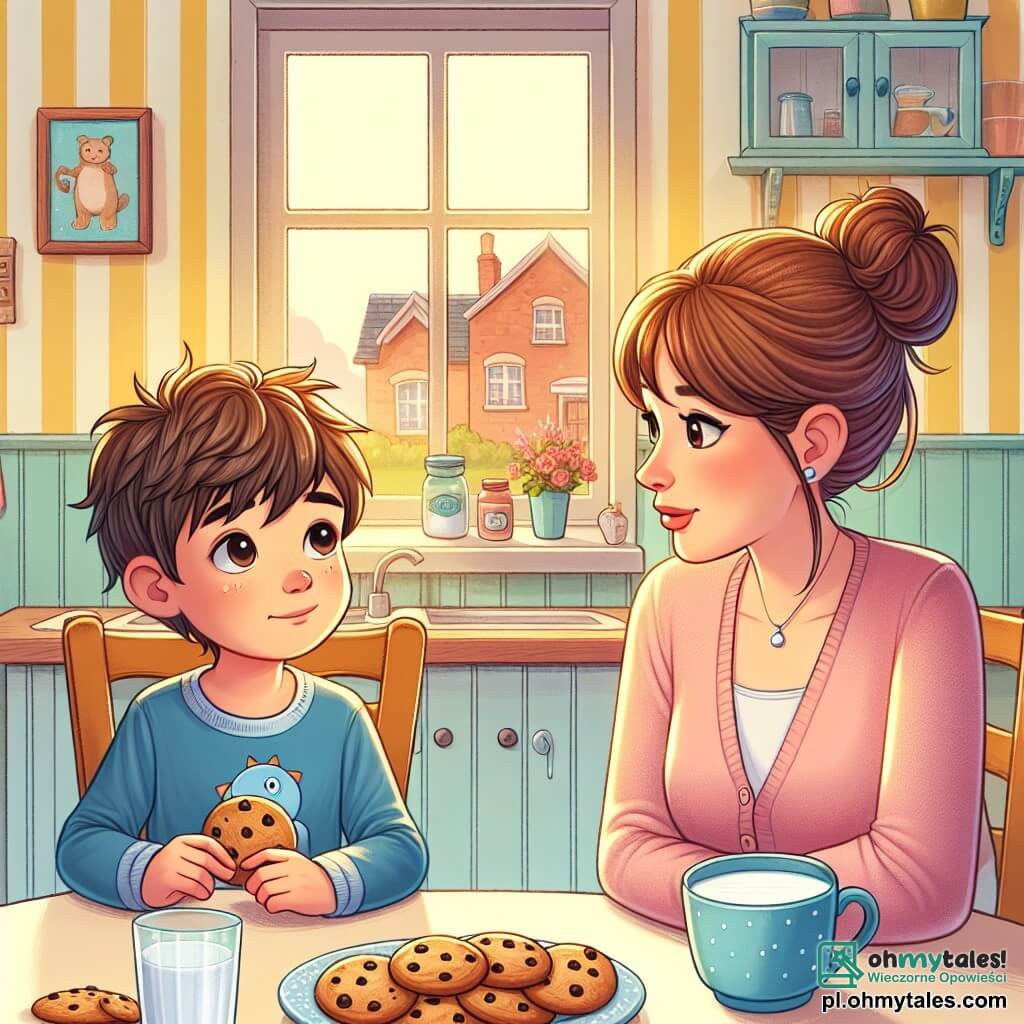 Ilustracja przedstawiająca scenę w ciepłej i kolorowej kuchni, z pastelowo żółtymi ścianami i oknami wpuszczającymi światło słoneczne. Na stole leży taca z pysznymi ciasteczkami i duża filiżanka mleka, tworząc przytulną atmosferę. Na środku obrazu siedzi 7-letni chłopiec z rozczochranymi brązowymi włosami, ubrany w niebieską koszulkę z małym dinozaurem, na krześle. Jego twarz wyraża lekką smutek, ale także nadzieję. Patrzy na swoją matkę ciekawymi oczami, trzymając w ręku ciastko, gotowy jej słuchać. Obok niego stoi kobieta w wieku około trzydziestu lat, z brązowymi włosami związanymi w kok i w miękkim różowym swetrze, lekko pochylona do przodu. Jej wyraz twarzy jest łagodny i pełen zrozumienia, co pokazuje, że stara się pocieszyć syna, jednocześnie wyjaśniając mu sytuację. Scena uchwyca delikatny moment, w którym chłopiec uważnie słucha matki, symbolizując ważną rozmowę o rozstaniu. W tle widać dziecięce rysunki przyczepione do ściany, przedstawiające szczęśliwe wspomnienia, co dodaje emocji ilustracji. Promienie słońca filtrują przez okno, oświetlając pokój i tworząc przytulną atmosferę mimo powagi rozmowy.