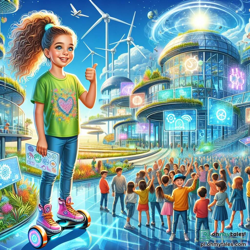 Ilustracja przedstawiająca futurystyczne centrum ekologiczne, z budynkami ze szkła i błyszczącego metalu, pokrytymi zielonymi roślinami i lśniącymi panelami słonecznymi pod jasnoniebieskim niebem. Na pierwszym planie dziewczynka w wieku 9 lat, z długimi kręconymi włosami związanymi w wysoki kucyk, nosi kolorowy t-shirt i dżinsy. Stoi z oczami błyszczącymi z ekscytacji, trzymając mały plakat z rysunkami symboli energii odnawialnej. Obok niej chłopiec w wieku 10 lat, z krótkimi włosami i czapką, stoi na hoverboardzie, uśmiechając się i pokazując kciuk w górę w geście aprobaty. W tle unoszą się hologramy ilustrujące źródła energii, takie jak turbiny wiatrowe i panele słoneczne, podczas gdy grupa dzieci i dorosłych gromadzi się wokół nich, zafascynowana prezentacją na temat znaczenia energii odnawialnej. Atmosfera jest radosna i dynamiczna, z żywymi kolorami i futurystycznymi elementami, które przywołują wizję zrównoważonej przyszłości.
