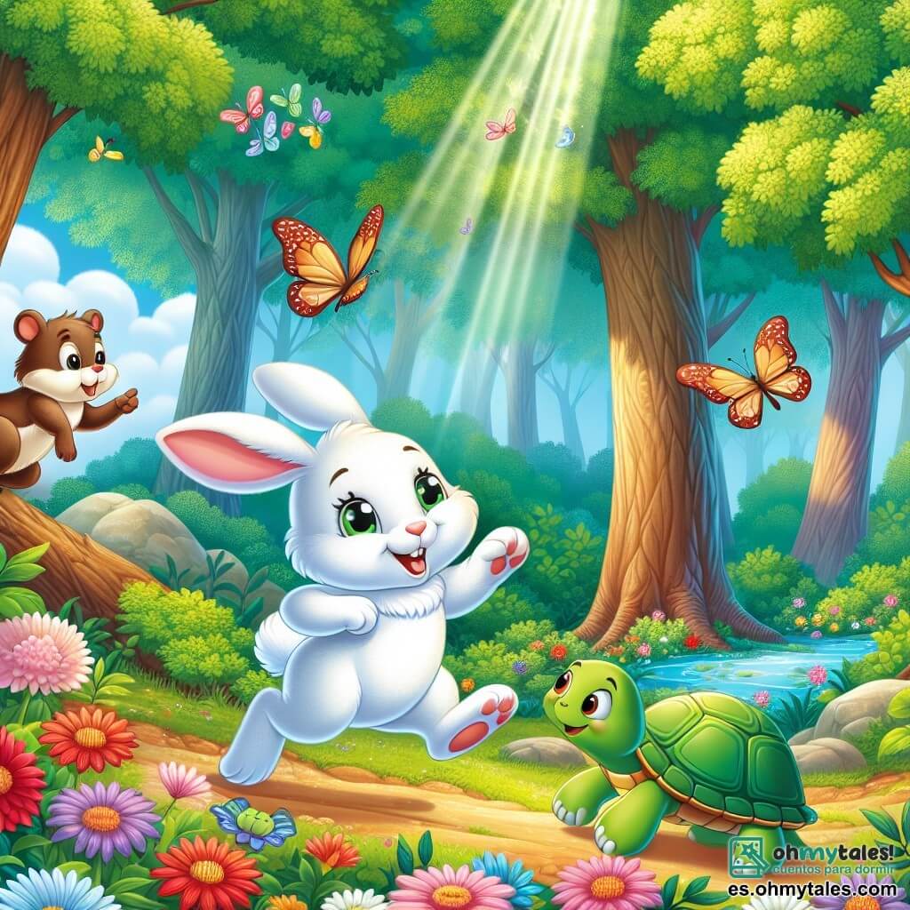 Ilustración que representa una escena mágica en un bosque encantado, donde grandes árboles de troncos gruesos se elevan hacia un cielo azul salpicado de nubes esponjosas. En el centro de la imagen, un pequeño conejo de grandes orejas y suave pelaje blanco, con ojos chispeantes de curiosidad, salta alegremente sobre una alfombra de flores coloridas, rodeado de mariposas multicolores que danzan a su alrededor. A su lado, un ardilla rápida con pelaje marrón y ojos vivos trepa ágilmente por una rama, mientras que una tortuga de caparazón verde y brillante, con una mirada sabia, avanza lentamente sobre el suelo cubierto de hojas. La escena irradia una atmósfera de camaradería y aventura, mientras el conejo parece indicar la dirección de la Montaña Misteriosa, donde se oculta una fuente de agua brillante. Rayos de sol filtran a través del follaje, iluminando el camino y añadiendo un toque de magia a esta búsqueda para salvar el bosque.