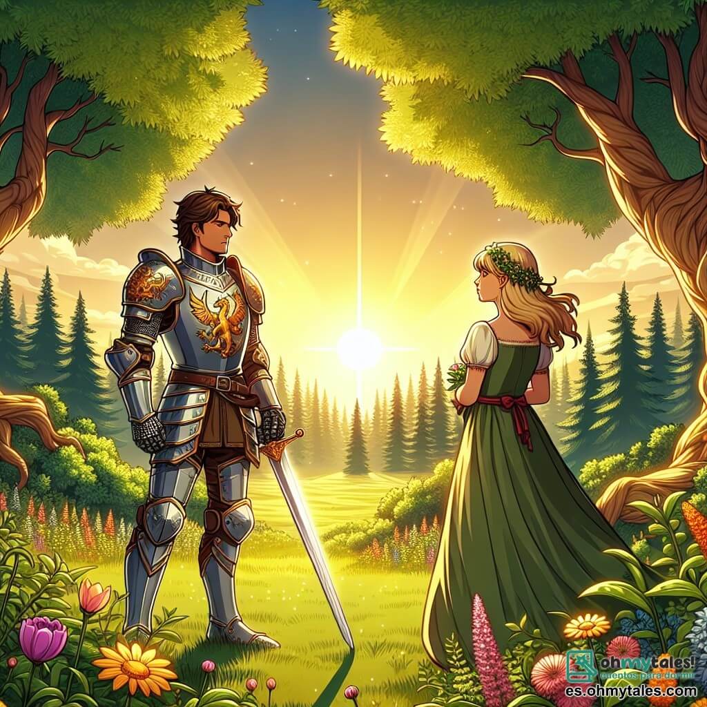 Ilustración que representa un claro verde en el corazón de un bosque encantado, bañado por la luz dorada del sol poniente. Los majestuosos árboles, con troncos gruesos y hojas de un verde brillante, forman un marco natural reconfortante, mientras una suave brisa hace danzar las flores silvestres que colorean el suelo. En el centro de esta escena, un valiente caballero, un hombre de unos treinta años, se mantiene firme. Lleva una armadura brillante, adornada con motivos de dragones, que refleja la luz del sol. Su rostro es decidido, con cabello castaño ligeramente ondulado y una barba bien recortada. Empuña una espada reluciente, listo para defender a una joven en apuros. A su lado, una joven de unos veinte años, con cabello dorado y ojos chispeantes de valentía, se encuentra con una expresión de gratitud y admiración. Lleva un vestido simple pero elegante, y su mirada está fija en el caballero, inspirada por su heroísmo. La situación principal muestra al caballero enfrentándose a un grupo de mercenarios amenazantes, que se encuentran en el fondo, armados y listos para atacar. La atmósfera es tensa, pero la luz dorada del sol aporta un toque de esperanza a esta escena dramática. Detalles como pájaros volando en el cielo y flores esparcidas en el suelo añaden un toque de vida a esta ilustración cautivadora.