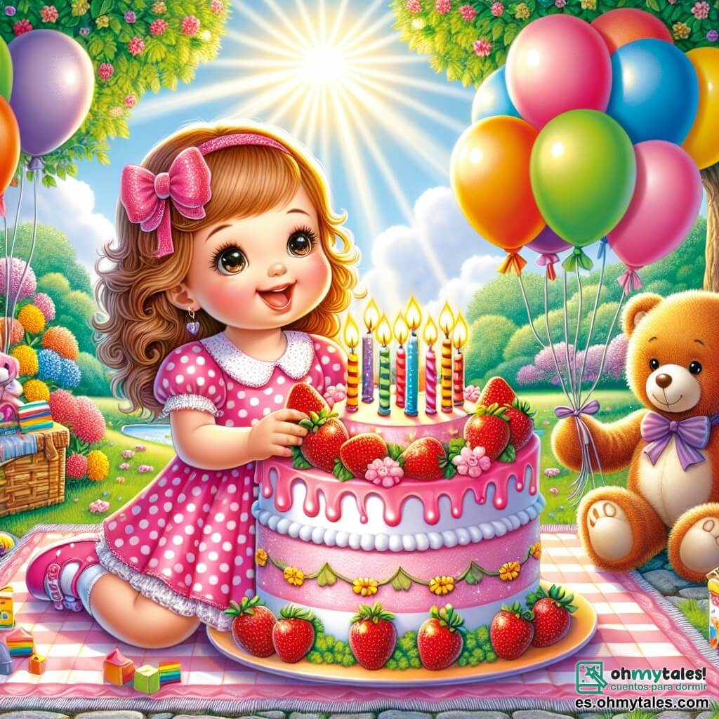 Ilustración que representa un parque soleado, lleno de flores coloridas y grandes árboles con hojas verdes. En el centro, una niña de 1 año con grandes ojos brillantes y cabello rizado, vestida con un vestido rosa con lunares blancos, sonríe alegremente mientras sostiene un gran pastel de fresas decorado con velas de colores. A su lado, una mamá de unos 30 años, con cabello largo y castaño, sonriente, sostiene globos multicolores que flotan en el aire. Un adorable oso de peluche, con ojos brillantes y pelaje marrón, está sentado sobre una manta a cuadros, observando la escena con una expresión alegre. La niña sopla las velas del pastel, rodeada de flores brillantes y globos flotantes, mientras los rayos de sol iluminan el momento mágico de su cumpleaños.