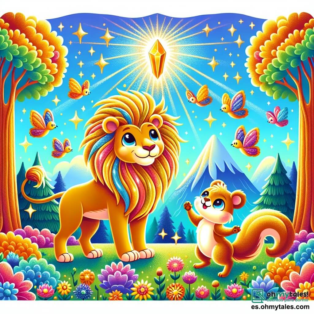 Ilustración que representa una escena mágica en un bosque colorido, donde los rayos del sol filtran a través de las hojas de los árboles, creando patrones luminosos en el suelo cubierto de flores brillantes. En el centro, un majestuoso león de pelaje dorado, con una melena ardiente que brilla como oro, se mantiene orgulloso y protector, mirando con benevolencia a un pequeño ardillón de ojos chispeantes. El ardillón, con su pelaje marrón claro y su cola en penacho, salta de alegría, con sus pequeñas patas levantadas en el aire, expresando su gratitud. Juntos, se encuentran frente a una montaña brillante en el horizonte, donde un cristal mágico brilla intensamente, simbolizando la aventura y los deseos que se cumplen. A su alrededor, aves coloridas vuelan, añadiendo vida a esta escena encantada, mientras mariposas danzan en el aire, creando una atmósfera de alegría y amistad.