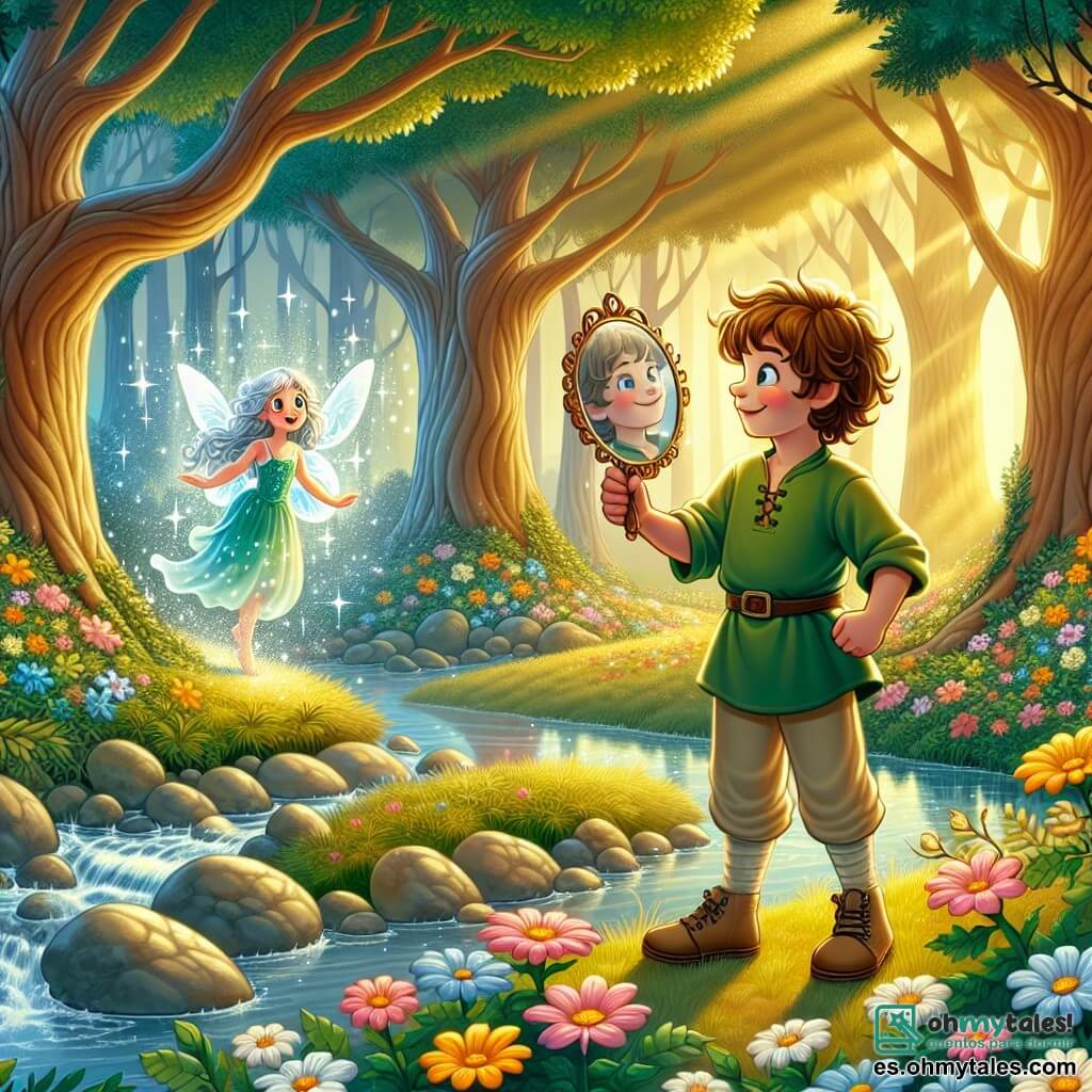 Ilustración que representa un claro de bosque mágico, bañado por la luz dorada del sol, con grandes árboles de troncos gruesos y hojas brillantes. Flores coloridas, con pétalos que brillan como estrellas, cubren el suelo, mientras un arroyo cristalino serpentea por el paisaje, creando una atmósfera encantada. En el centro de la escena, un joven valiente, con cabello castaño y rizado, lleva una túnica verde y pantalones de tela. Su rostro está iluminado por una sonrisa decidida mientras sostiene un espejo mágico, mirando asombrado su reflejo. Sus ojos brillan con una luz de esperanza y curiosidad. A su lado, una pequeña hada de alas de cristal, con cabello plateado y un vestido brillante, vuela alegremente a su alrededor. Tiene un rostro travieso y ojos chispeantes, y lo anima con un gesto de la mano, como si le revelara un secreto. La situación principal muestra al joven descubriendo el espejo mágico, simbolizando la verdadera esencia de la alegría y el amor, mientras el hada lo rodea con su magia benevolente. En el fondo, rayos de luz filtran a través de las ramas, creando una atmósfera de misterio y fantasía, con aves coloridas cantando en los árboles.