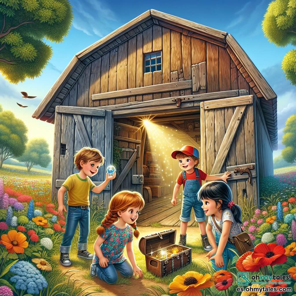 Ilustración que representa un viejo granero de madera, con tablones desgastados y una puerta chirriante, rodeado de campos de flores silvestres coloridas bajo un cielo azul brillante. En el interior, cuatro jóvenes aventureros se encuentran en el centro: una niña de 10 años con trenzas castañas, que lleva una camiseta amarilla y un short de mezclilla, mirando con asombro una esfera brillante en sus manos; una niña de 9 años con cabello rubio, vestida con un vestido de flores, que sonríe y señala un viejo baúl de madera; una niña de 10 años con cabello negro, vestida con una camiseta azul y leggings, que se agacha para examinar objetos misteriosos en el suelo; y un niño de 9 años con cabello castaño, que lleva una gorra roja y una camiseta verde, sosteniendo una linterna que ilumina el interior del granero. La escena principal muestra a los niños descubriendo tesoros ocultos, llenos de emoción y curiosidad, con rayos de luz filtrándose a través de los tablones del granero, creando una atmósfera mágica y aventurera. Elementos adicionales incluyen herramientas oxidadas, telarañas y rayos de luz dorada iluminando la esfera brillante, simbolizando la magia y la aventura que les espera.