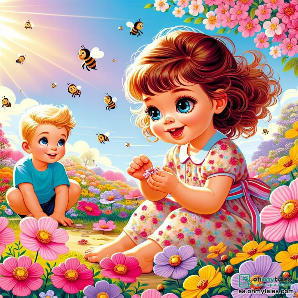 Ilustración que representa un jardín colorido en plena floración en primavera, con flores rosas, amarillas y violetas que bailan bajo una ligera brisa. En el centro, una niña de 1 año, con grandes ojos brillantes y cabello rizado, lleva un vestido ligero con estampados florales. Está agachada, tocando delicadamente una flor con una sonrisa maravillada en su rostro. A su lado, un niño de aproximadamente 5 años, con cabello rubio y una camiseta azul, observa las abejas que vuelan alrededor de las flores, con los brazos cruzados y una expresión curiosa. La escena está llena de luz, con un cielo azul claro y pájaros cantando en los árboles. Las abejas zumban alegremente, añadiendo un toque de vida a este cuadro primaveral.