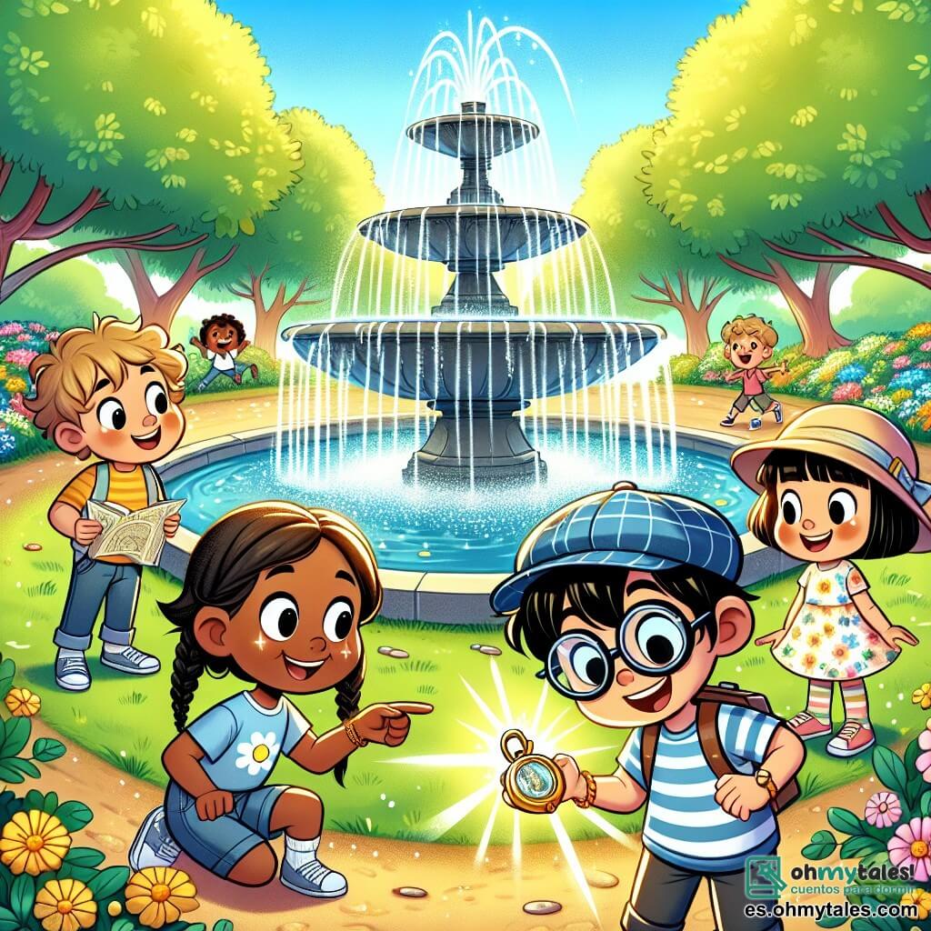 Ilustración que representa un parque soleado con árboles verdes y flores coloridas. En el centro, una gran fuente brillante de donde brota agua alegremente, rodeada de risas de niños jugando. Cuatro jóvenes detectives están alrededor de la fuente: un niño de siete años con cabello castaño despeinado, usando una gorra azul y una camiseta a rayas, que observa con curiosidad un medallón dorado en su mano. A su lado, una niña de siete años con largas trenzas rubias, vestida con un vestido de flores, que señala la fuente con una gran sonrisa. Otro niño de siete años, con gafas redondas y cabello negro, está agachado, examinando detenidamente el suelo, mientras que una niña de siete años con gafas de sol y cabello rizado, que lleva un short y una camiseta, sostiene un mapa en la mano, con una expresión decidida. La escena captura la emoción de la búsqueda de pistas, con destellos de luz en el agua de la fuente y mariposas revoloteando alrededor. Elementos gráficos adicionales incluyen un pequeño montículo de tierra al lado de la fuente, sugiriendo que acaban de desenterrar algo misterioso, y dibujos de estrellas y tesoros en el mapa que sostiene la niña.