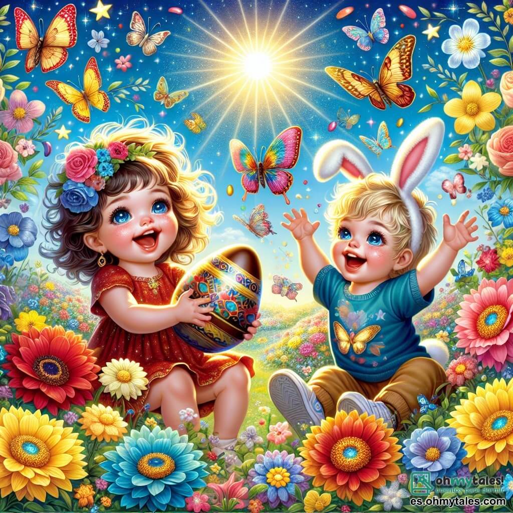 Ilustración que representa un jardín mágico en plena primavera, con flores coloridas de pétalos brillantes en rojo, amarillo y azul, y mariposas revoloteando alegremente alrededor. En el centro, una niña de 1 año, con grandes ojos brillantes y cabello rizado, sonríe sosteniendo un gran huevo de chocolate brillante en sus pequeñas manos. A su lado, un adorable niño de 3 años, con cabello rubio y orejas de conejo, salta de alegría, con los brazos levantados en el aire. La escena irradia una atmósfera de felicidad y asombro, con un cielo azul claro y un sol radiante iluminando todo. Detalles como mariposas de colores y pájaros cantores añaden magia a este momento de búsqueda de huevos de Pascua.