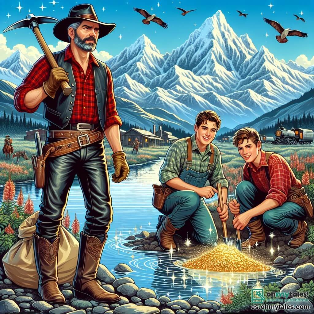 Ilustración que representa un majestuoso paisaje montañoso, con picos nevados que se elevan bajo un cielo azul brillante. En primer plano, un hombre de unos treinta años, con un amplio sombrero de vaquero, una camisa de cuadros rojos y pantalones de cuero, está cavando el suelo con una pala, su rostro marcado por la determinación y la emoción. A su lado, dos jóvenes de unos veinte años, uno con cabello castaño y ojos brillantes, y el otro con una barba incipiente y una sonrisa amigable, lo ayudan a buscar oro en un arroyo brillante. La escena irradia una atmósfera de aventura y camaradería, con destellos de luz dorada reflejándose en las piedras del arroyo, mientras aves vuelan alegremente en el cielo. Sacos de lona y herramientas de minero están esparcidos a su alrededor, añadiendo un toque de realismo a esta búsqueda del tesoro.