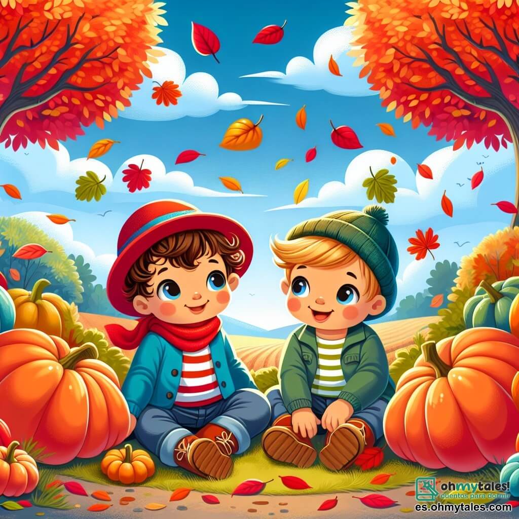 Ilustración que representa un encantador huerto en otoño, con árboles cuyas hojas brillan en colores rojo, naranja y amarillo. En el centro, dos niños de aproximadamente un año, uno con cabello rizado castaño, vistiendo una chaqueta azul y un gorro rojo, y el otro con cabello lacio rubio, vestido con una chaqueta verde y un gorro amarillo. Están sentados en el suelo, rodeados de grandes calabazas redondas y brillantes, con los ojos llenos de emoción. Uno de los niños extiende la mano para atrapar una hoja roja que cae suavemente, mientras que el otro mira una calabaza con asombro. Al fondo, se puede ver un majestuoso árbol, hojas volando con el viento y un cielo azul claro, añadiendo un toque de magia a esta escena otoñal.